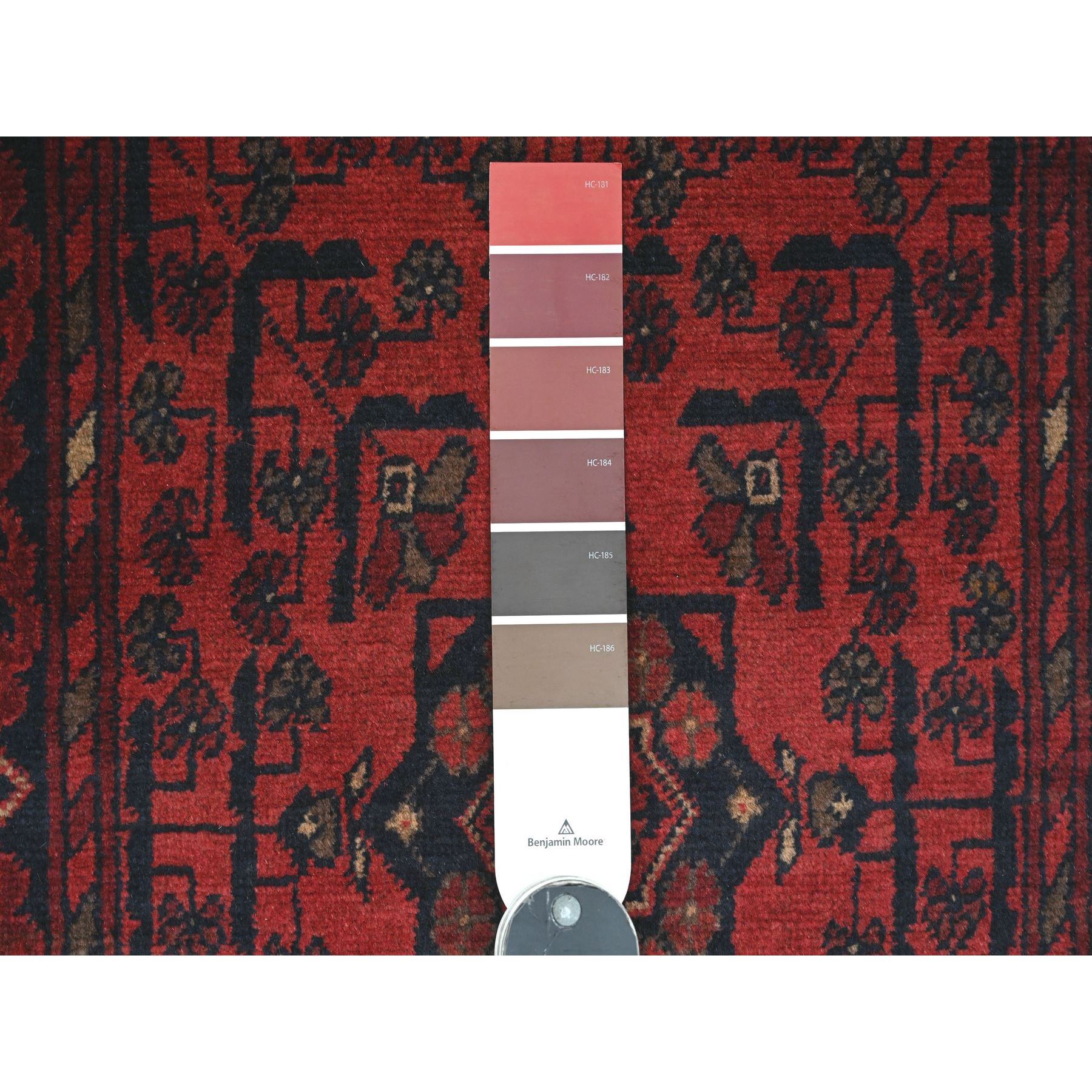 2'1"x7'9" Scarlet Red, Afghan Andkhoy with All Over Geometric Design, Soft Pile, Pure Wool, Hand Knotted, Narrow Runner, Oriental Rug Sh20728