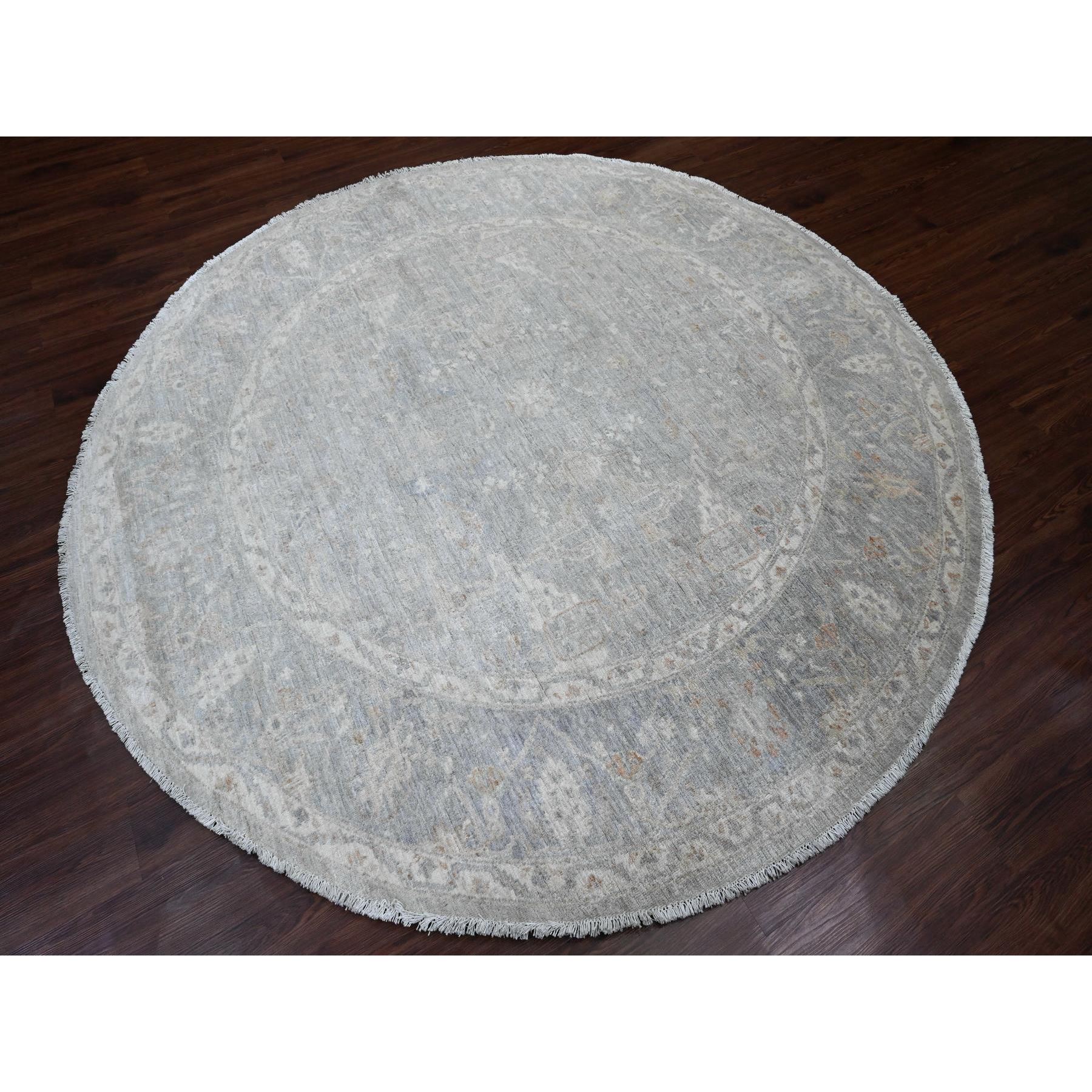 7'9"x7'9" Cloud Gray, Washed Out Peshawar with Ziegler Mahal Design, Hand Knotted, High Mountain Wool, Densely Woven, Round, Oriental Rug Sh20731