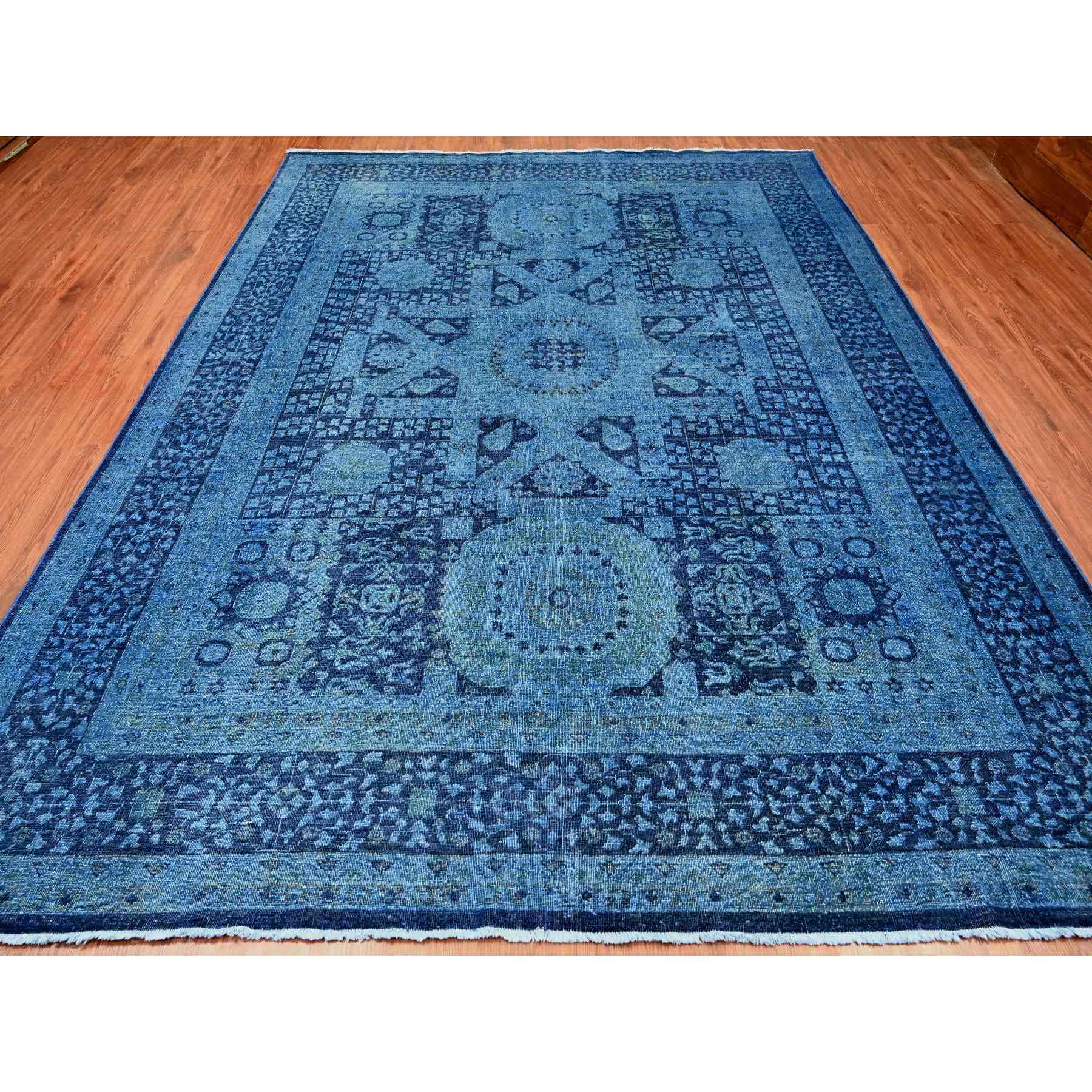 9'x11'5" Bayern Blue, Overdyed Peshawar with Mamluk Design, Distressed, Zero Pile, Hand Knotted, 100% Wool, Oriental Rug Sh20733