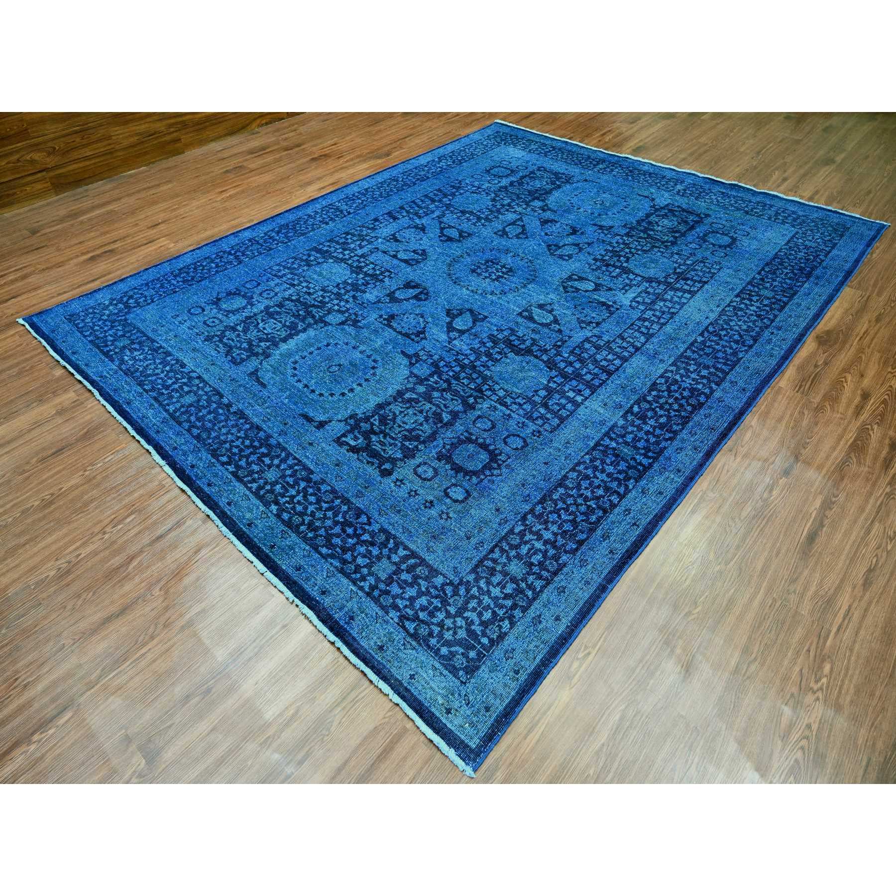 9'x11'5" Bayern Blue, Overdyed Peshawar with Mamluk Design, Distressed, Zero Pile, Hand Knotted, 100% Wool, Oriental Rug Sh20733