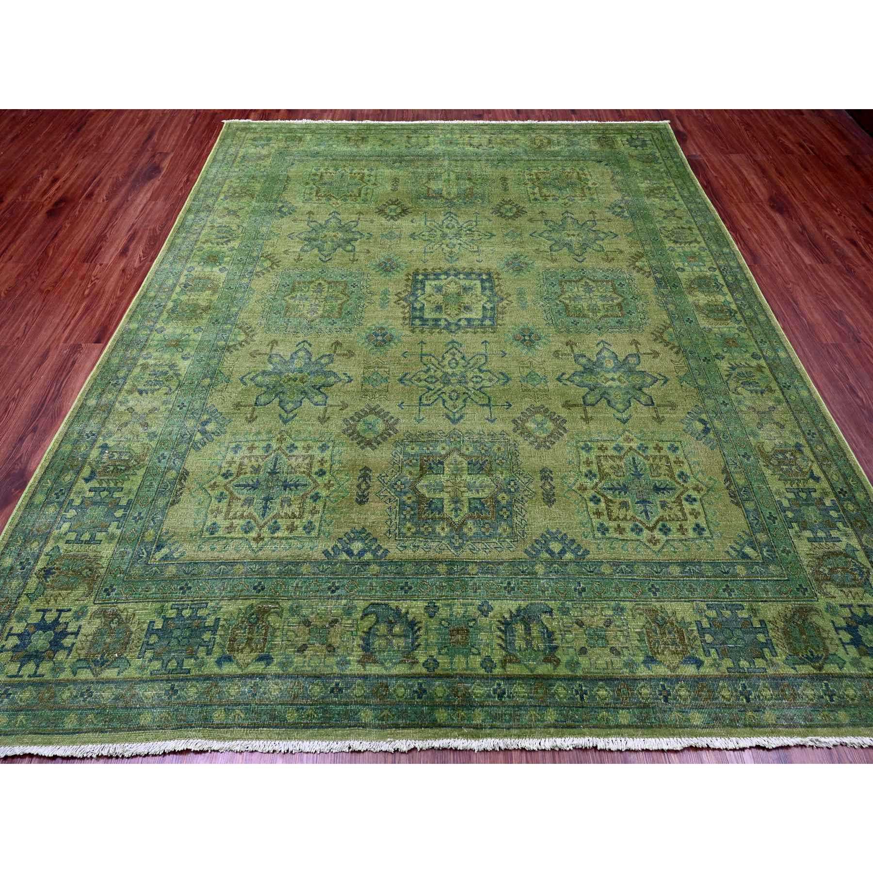 8'x9'7" Olive Green, Overdyed Kazak with Geometric Elements Pattern, Pure Wool, Hand Knotted, Oriental Rug Sh20735