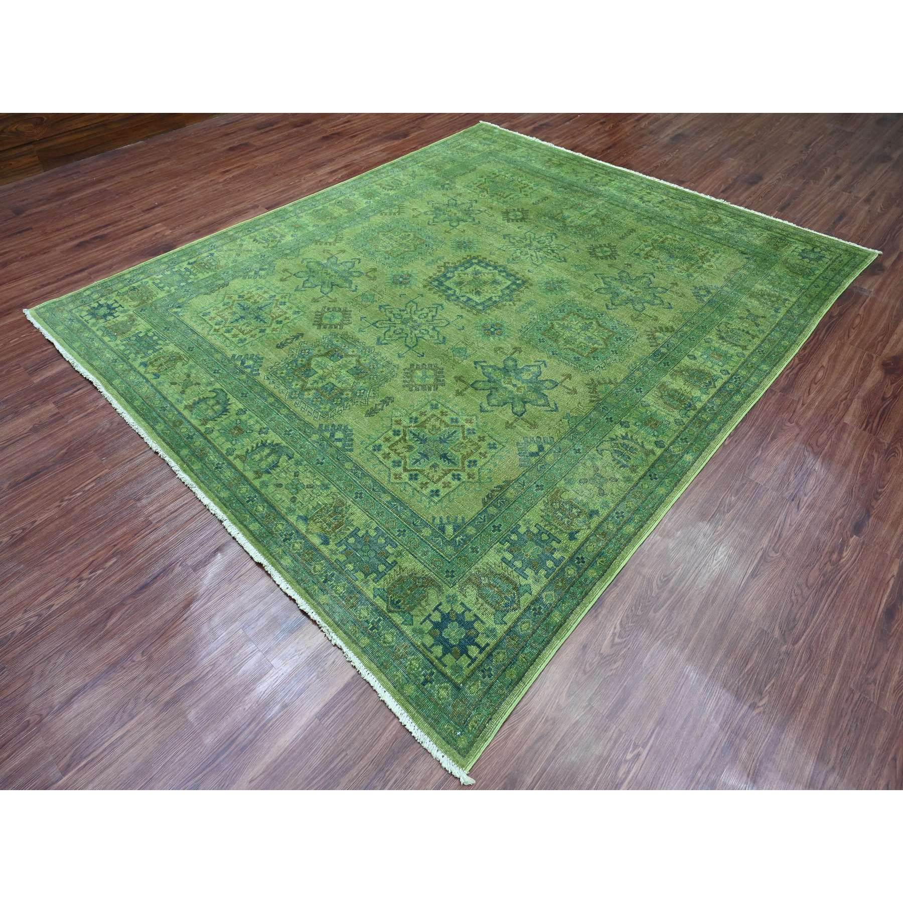 8'x9'7" Olive Green, Overdyed Kazak with Geometric Elements Pattern, Pure Wool, Hand Knotted, Oriental Rug Sh20735