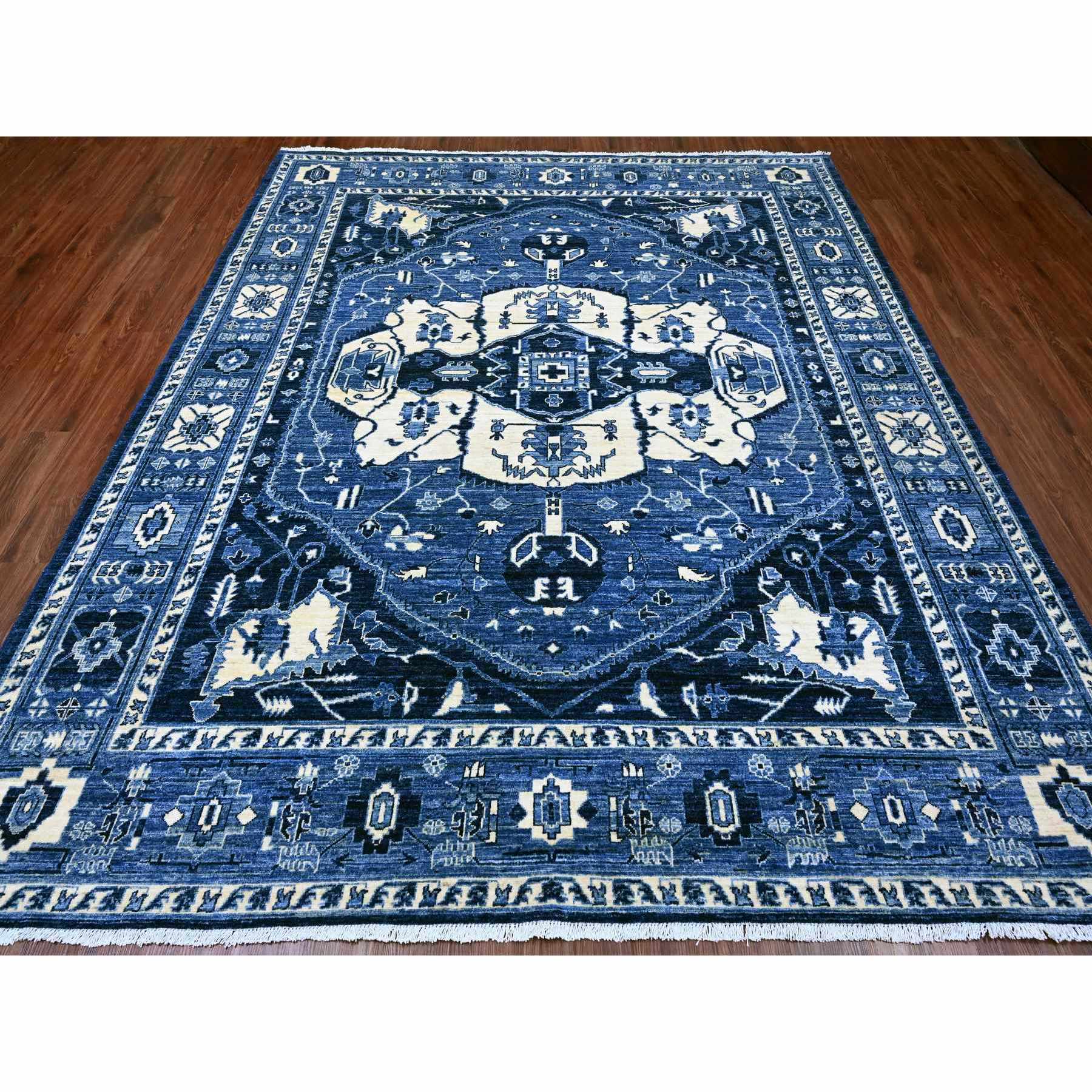 8'2"x9'9" Denim Blue, Serapi Heriz Design, Peshawar, High Mountain Wool, Hand Knotted, Densely Woven, Oriental Rug Sh20739