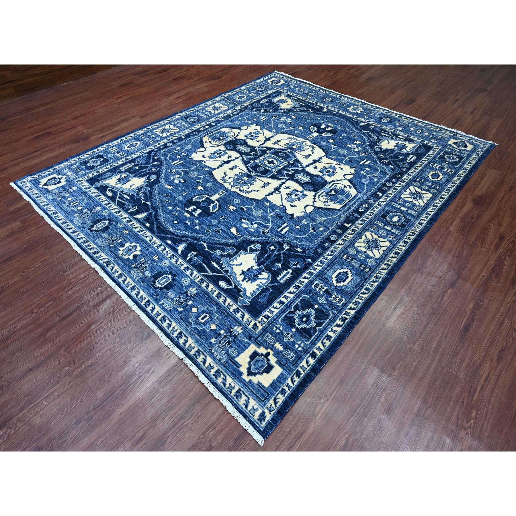 8'2"x9'9" Denim Blue, Serapi Heriz Design, Peshawar, High Mountain Wool, Hand Knotted, Densely Woven, Oriental Rug Sh20739