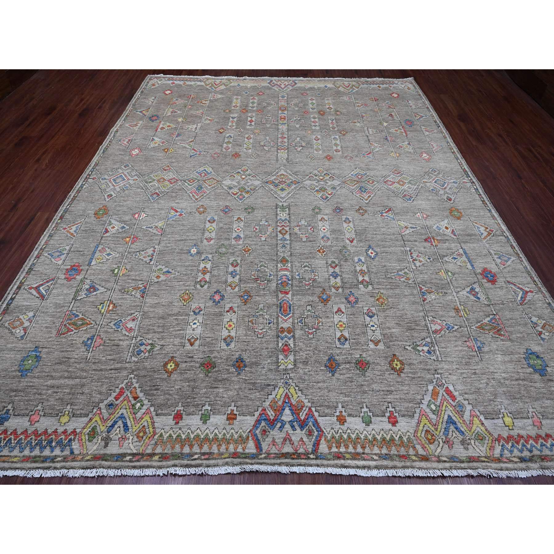 9'1"x11'5" Spanish Gray, Moroccan Berber Influence with Geometric Pattern, High Mountain Wool, Denser Weave, Hand Knotted, Oriental Rug Sh20740