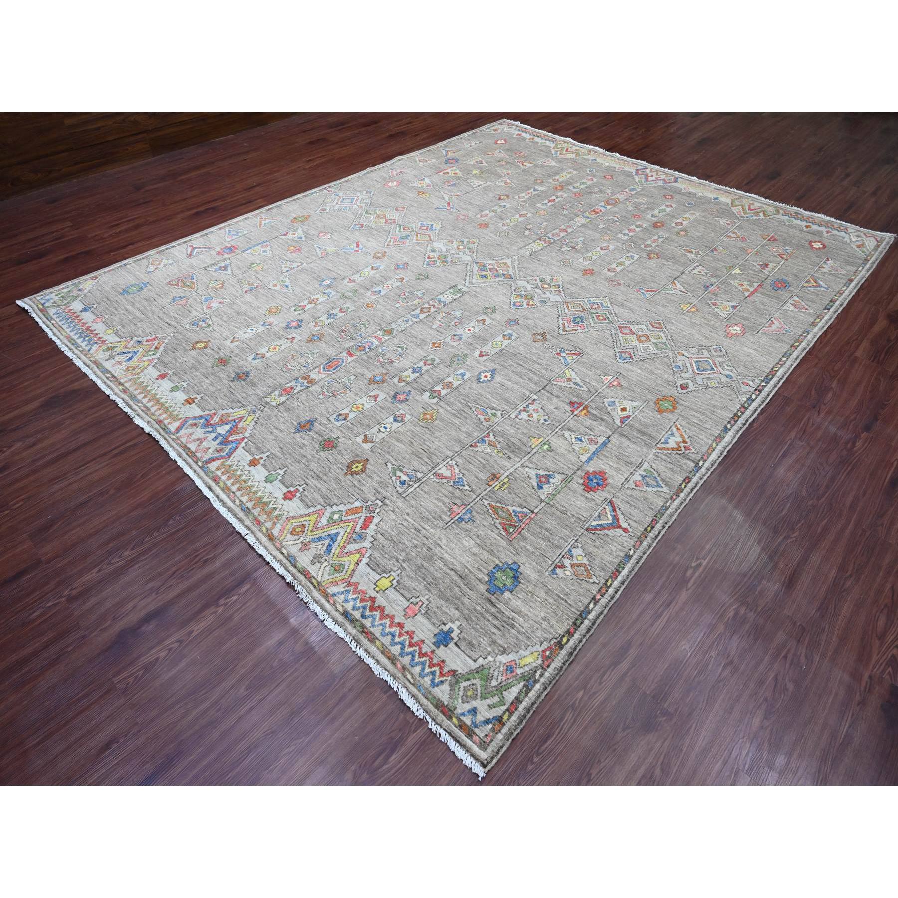 9'1"x11'5" Spanish Gray, Moroccan Berber Influence with Geometric Pattern, High Mountain Wool, Denser Weave, Hand Knotted, Oriental Rug Sh20740