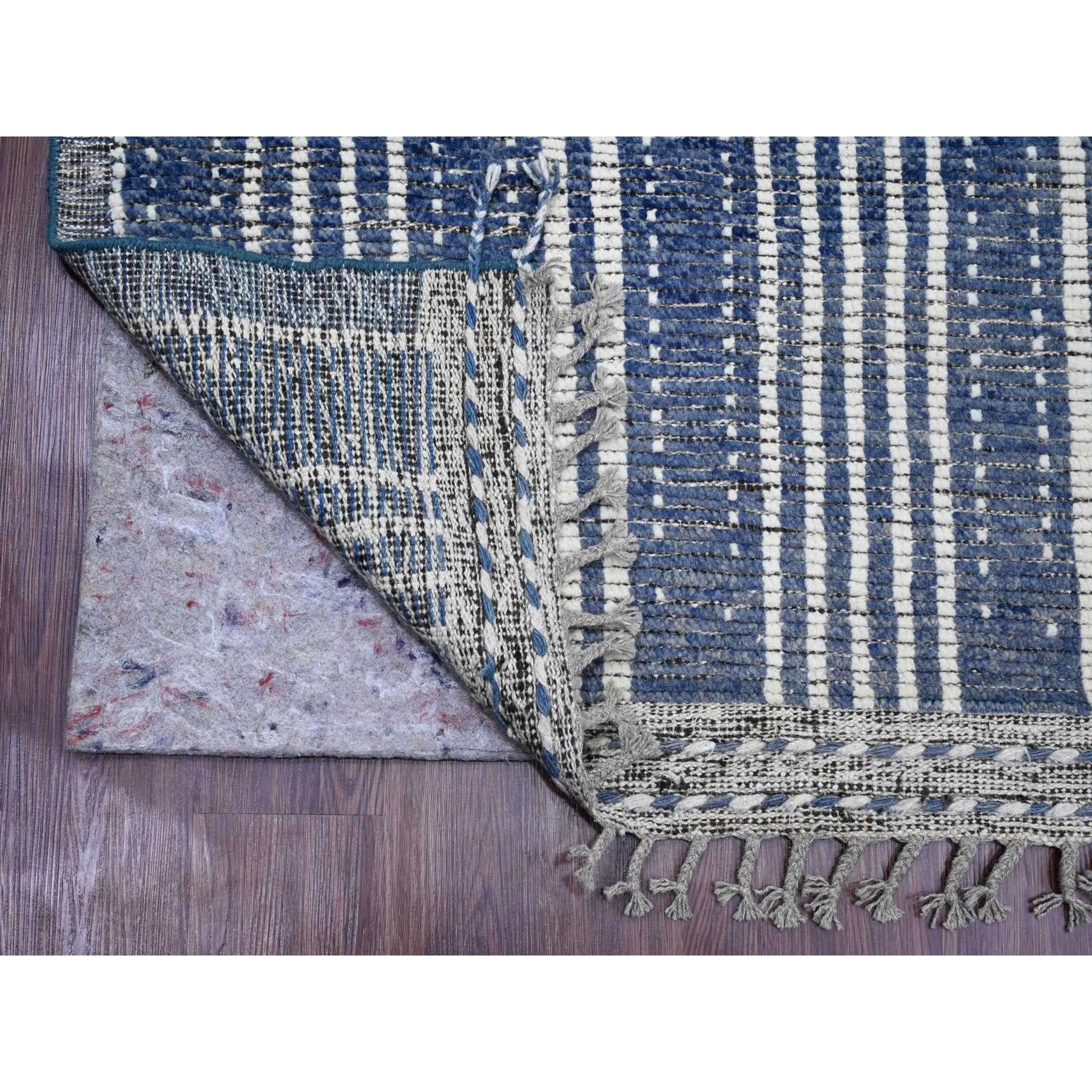 6'x10'4" Aegean Blue, Moroccan Weave with Line Design, Soft Wool, Hand Knotted, Tone on Tone, Textured Pile, Oriental Rug Sh20741
