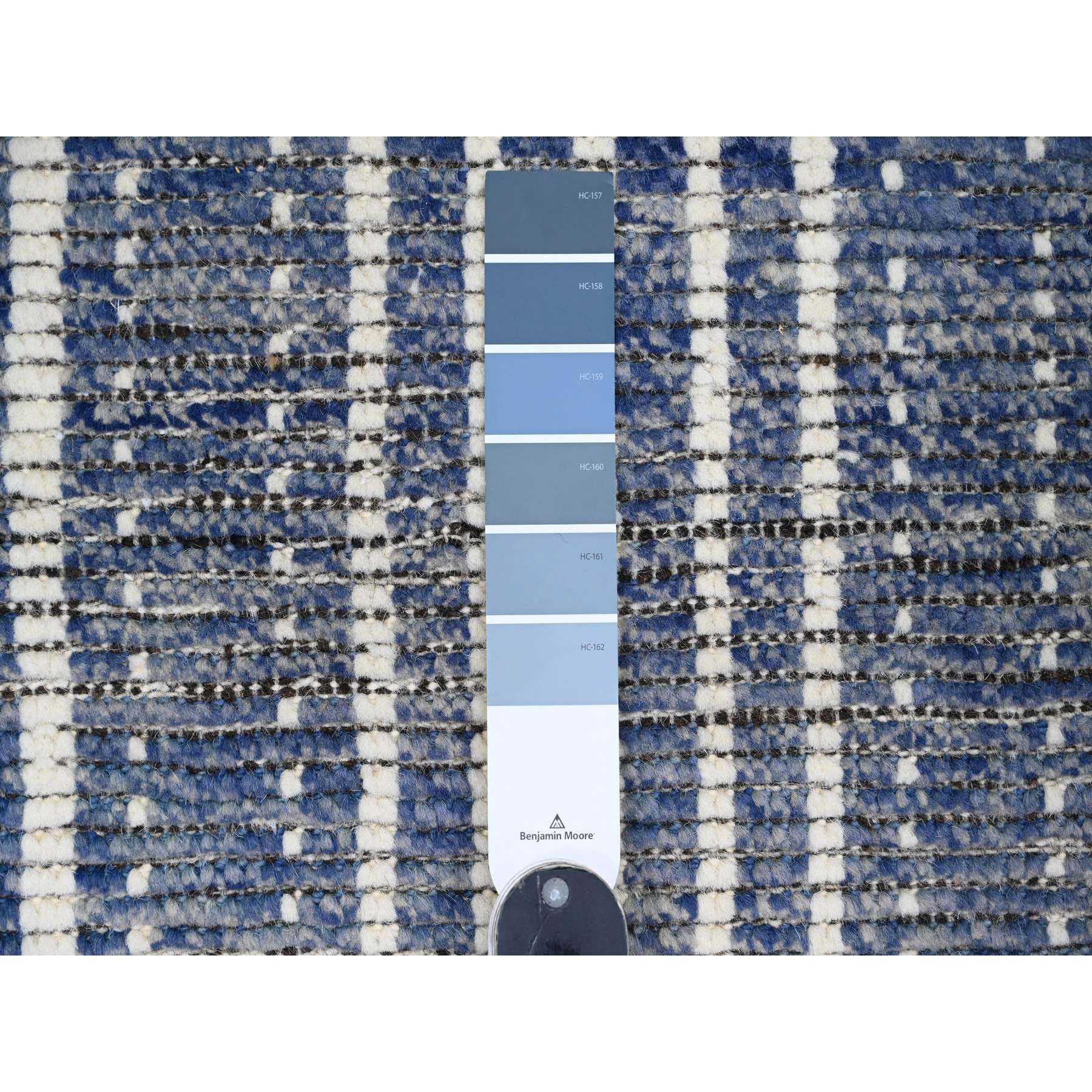6'x10'4" Aegean Blue, Moroccan Weave with Line Design, Soft Wool, Hand Knotted, Tone on Tone, Textured Pile, Oriental Rug Sh20741