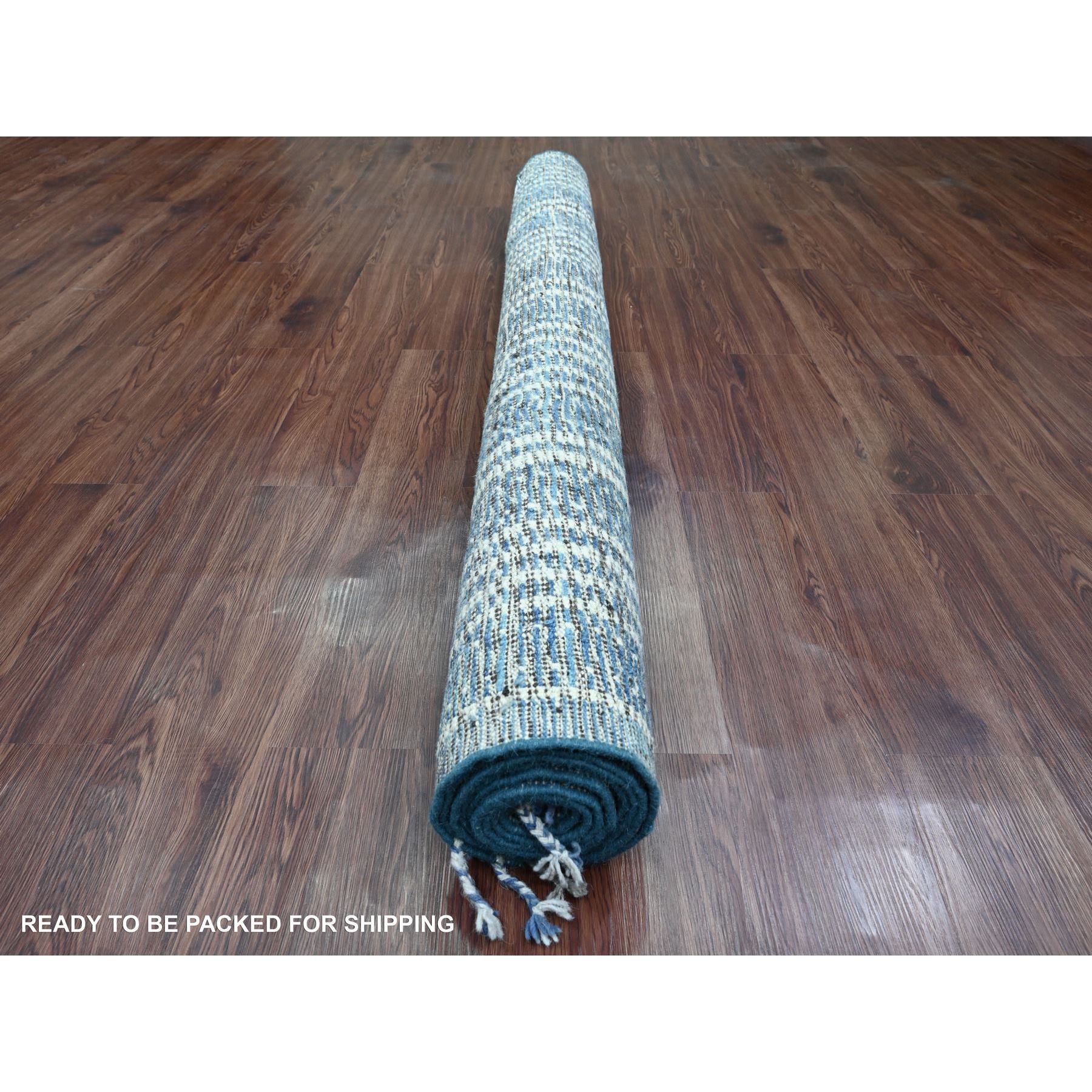 6'x10'4" Aegean Blue, Moroccan Weave with Line Design, Soft Wool, Hand Knotted, Tone on Tone, Textured Pile, Oriental Rug Sh20741