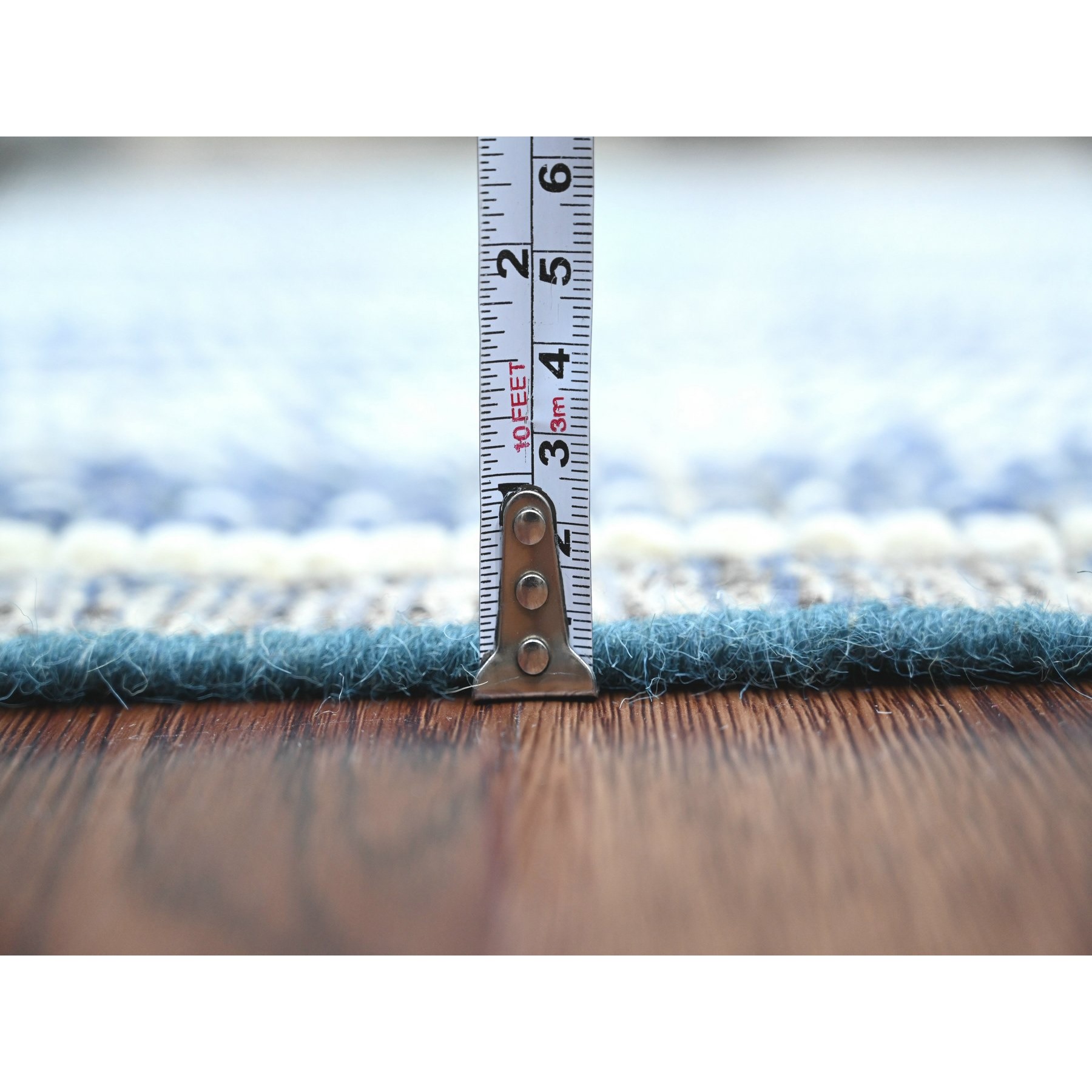 6'x10'4" Aegean Blue, Moroccan Weave with Line Design, Soft Wool, Hand Knotted, Tone on Tone, Textured Pile, Oriental Rug Sh20741
