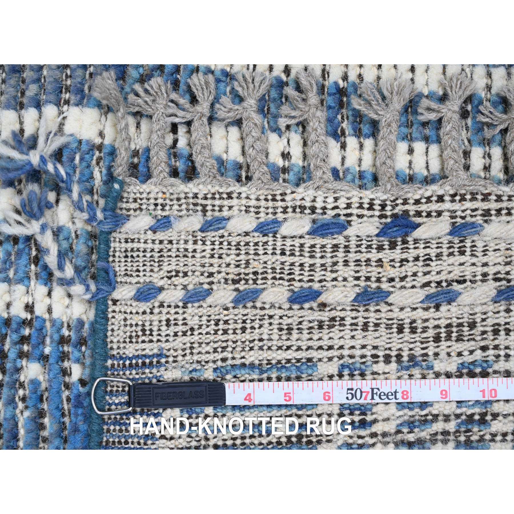 6'x10'4" Aegean Blue, Moroccan Weave with Line Design, Soft Wool, Hand Knotted, Tone on Tone, Textured Pile, Oriental Rug Sh20741