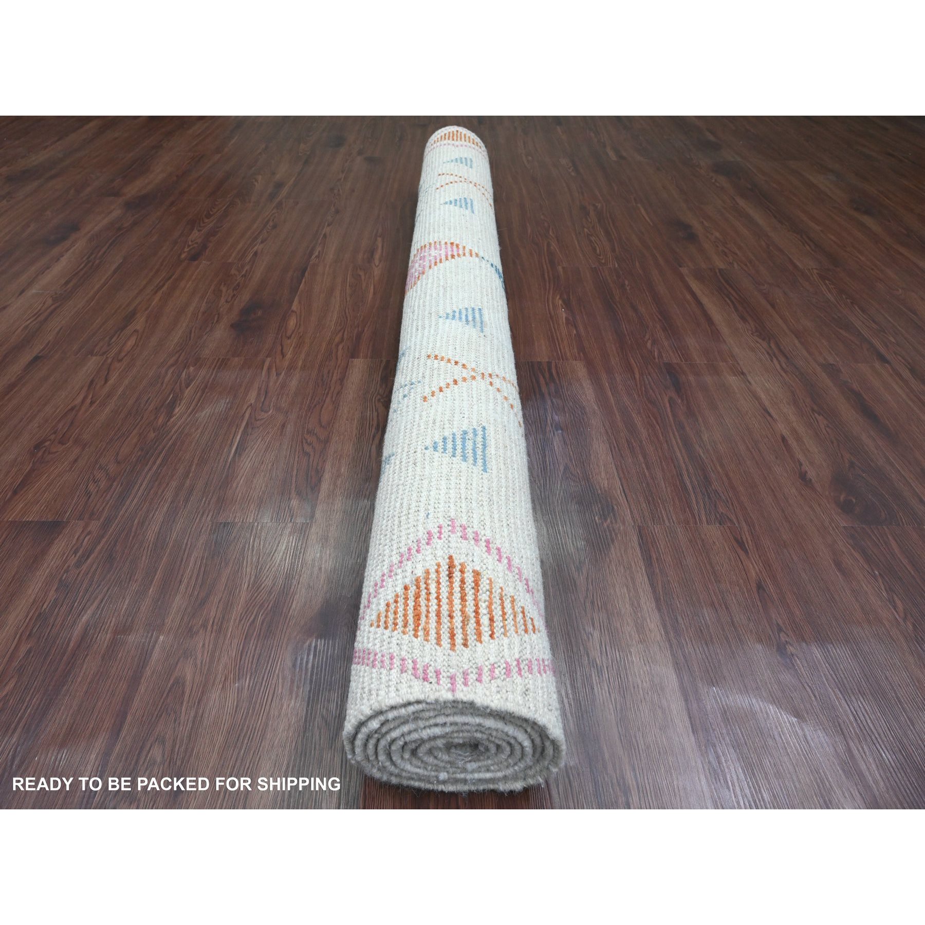 6'x9'3" Pearl White, Moroccan Weave with Colorful Geometric Pattern, Hand Knotted, Soft Wool, Tone on Tone, Textured Pile, Oriental Rug Sh20742
