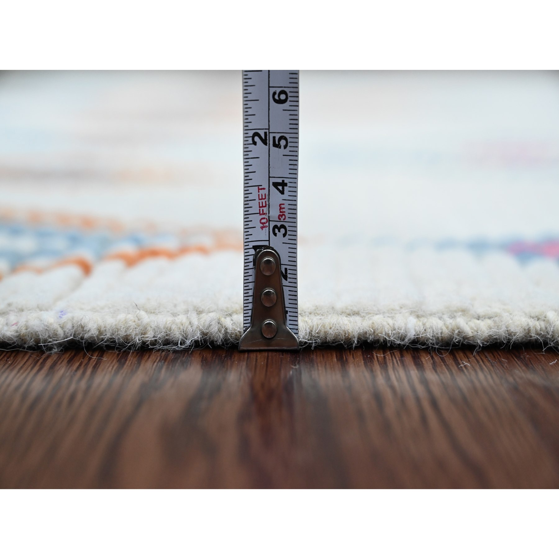 6'x9'3" Pearl White, Moroccan Weave with Colorful Geometric Pattern, Hand Knotted, Soft Wool, Tone on Tone, Textured Pile, Oriental Rug Sh20742