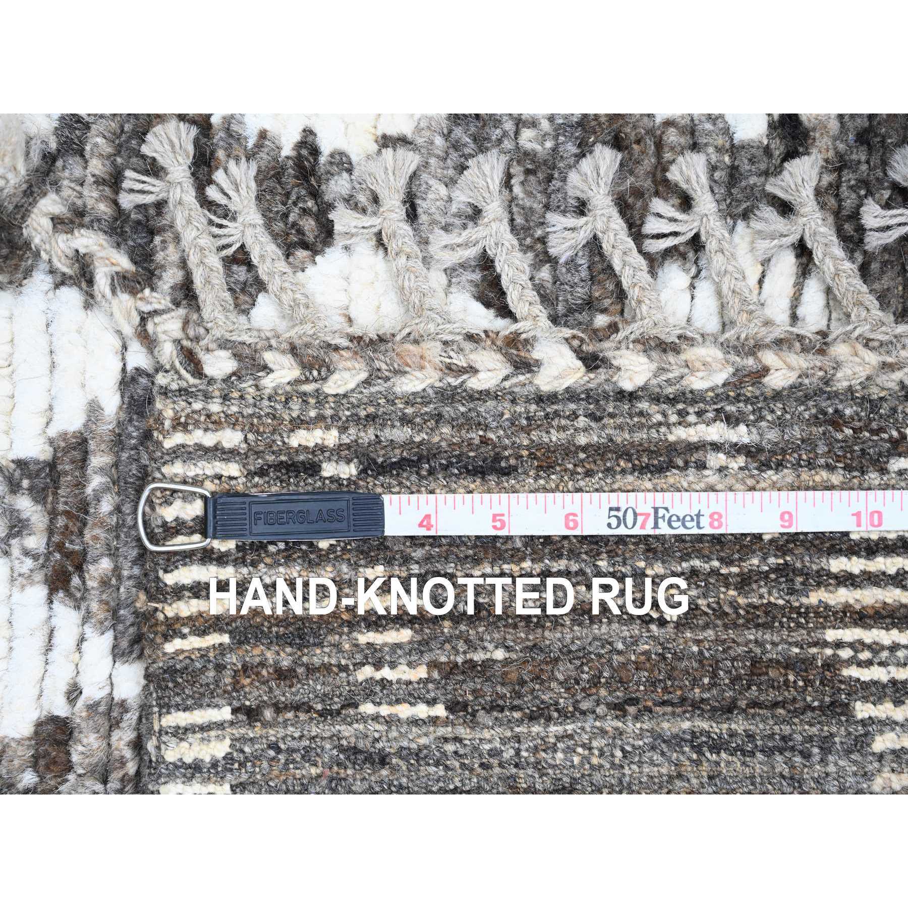 4'1"x5'6" Chocolate Brown, Moroccan Weave with Geometric Pattern, Soft Wool, Hand Knotted, Tone on Tone, Textured Pile, Oriental Rug Sh20745