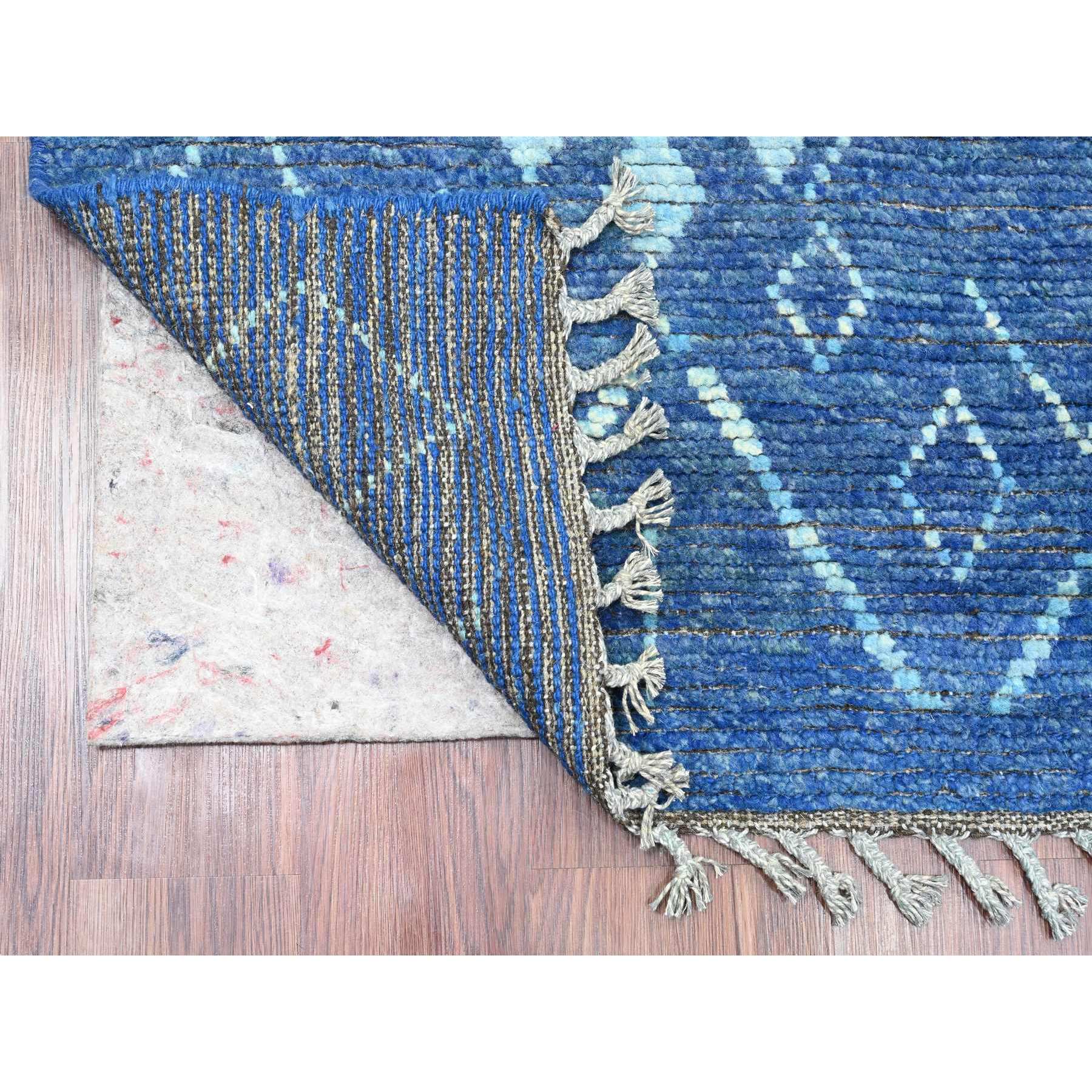 2'10"x10'3" Bayern Blue, Moroccan Weave with Geometric Pattern, Soft Wool, Hand Knotted, Tone on Tone, Textured Pile, Runner, Oriental Rug Sh20746