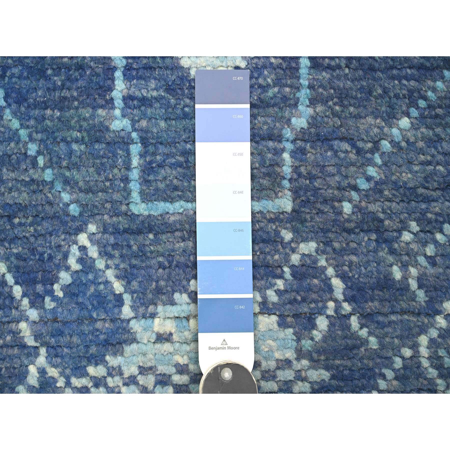 2'10"x10'3" Bayern Blue, Moroccan Weave with Geometric Pattern, Soft Wool, Hand Knotted, Tone on Tone, Textured Pile, Runner, Oriental Rug Sh20746