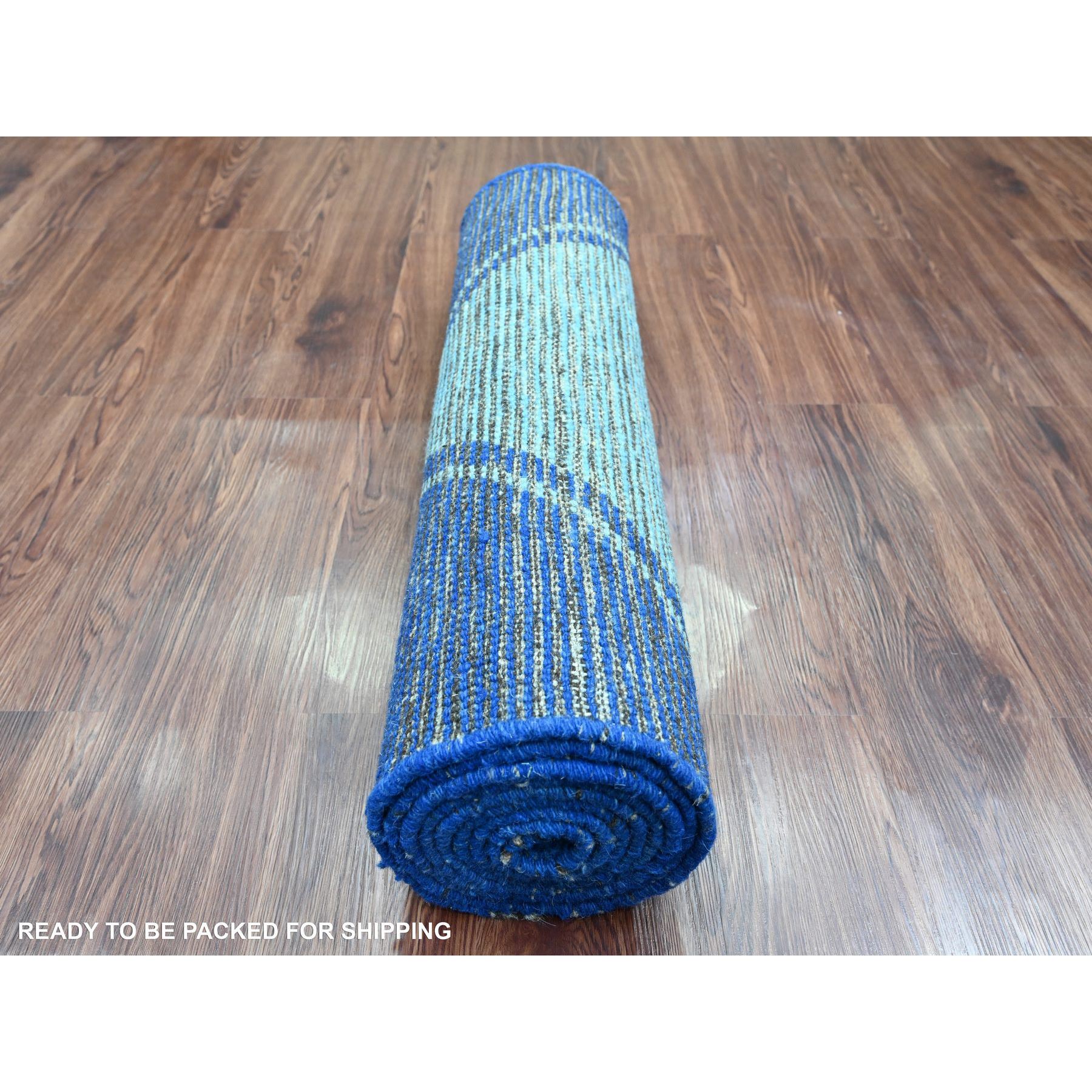 2'10"x10'3" Bayern Blue, Moroccan Weave with Geometric Pattern, Soft Wool, Hand Knotted, Tone on Tone, Textured Pile, Runner, Oriental Rug Sh20746