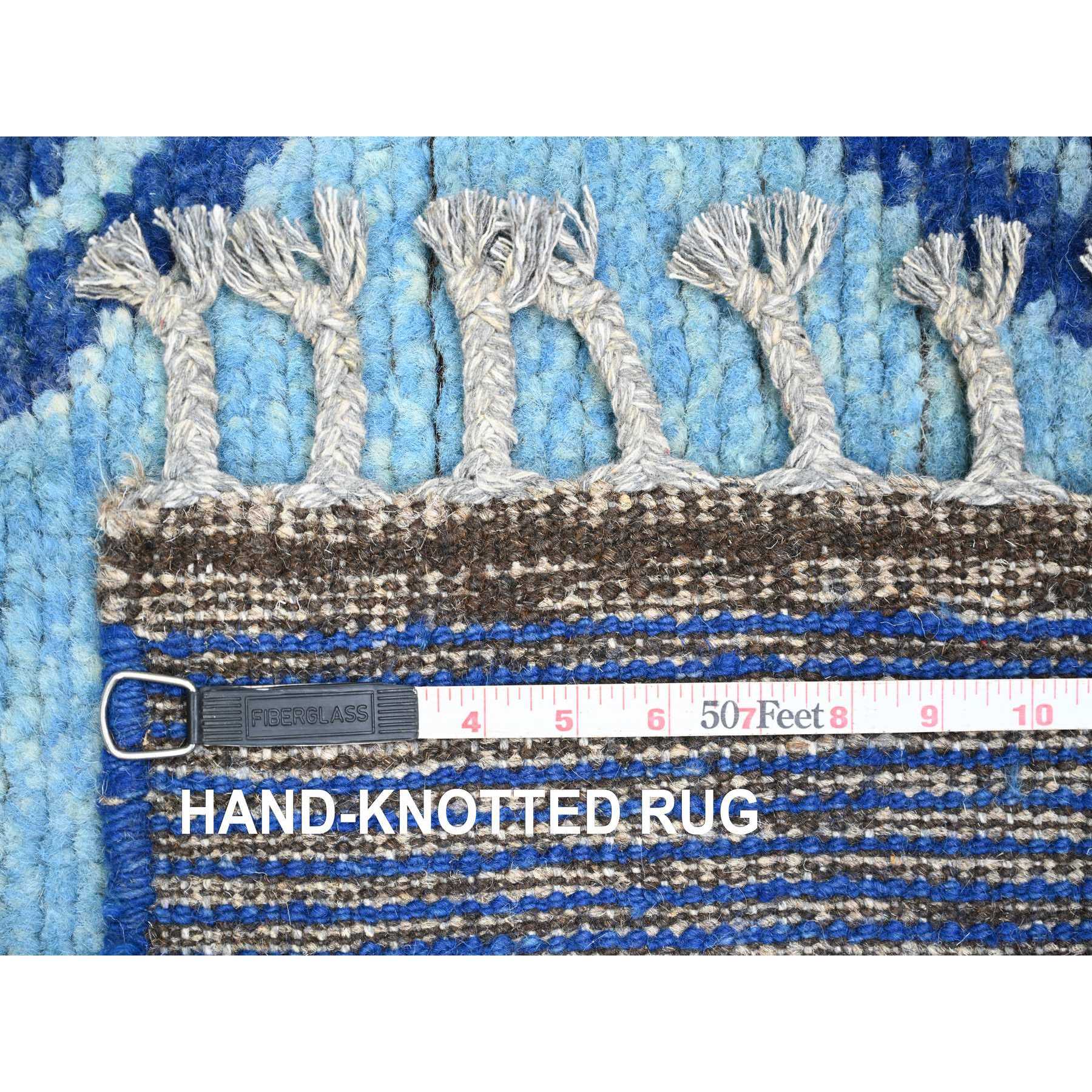 2'10"x10'3" Bayern Blue, Moroccan Weave with Geometric Pattern, Soft Wool, Hand Knotted, Tone on Tone, Textured Pile, Runner, Oriental Rug Sh20746