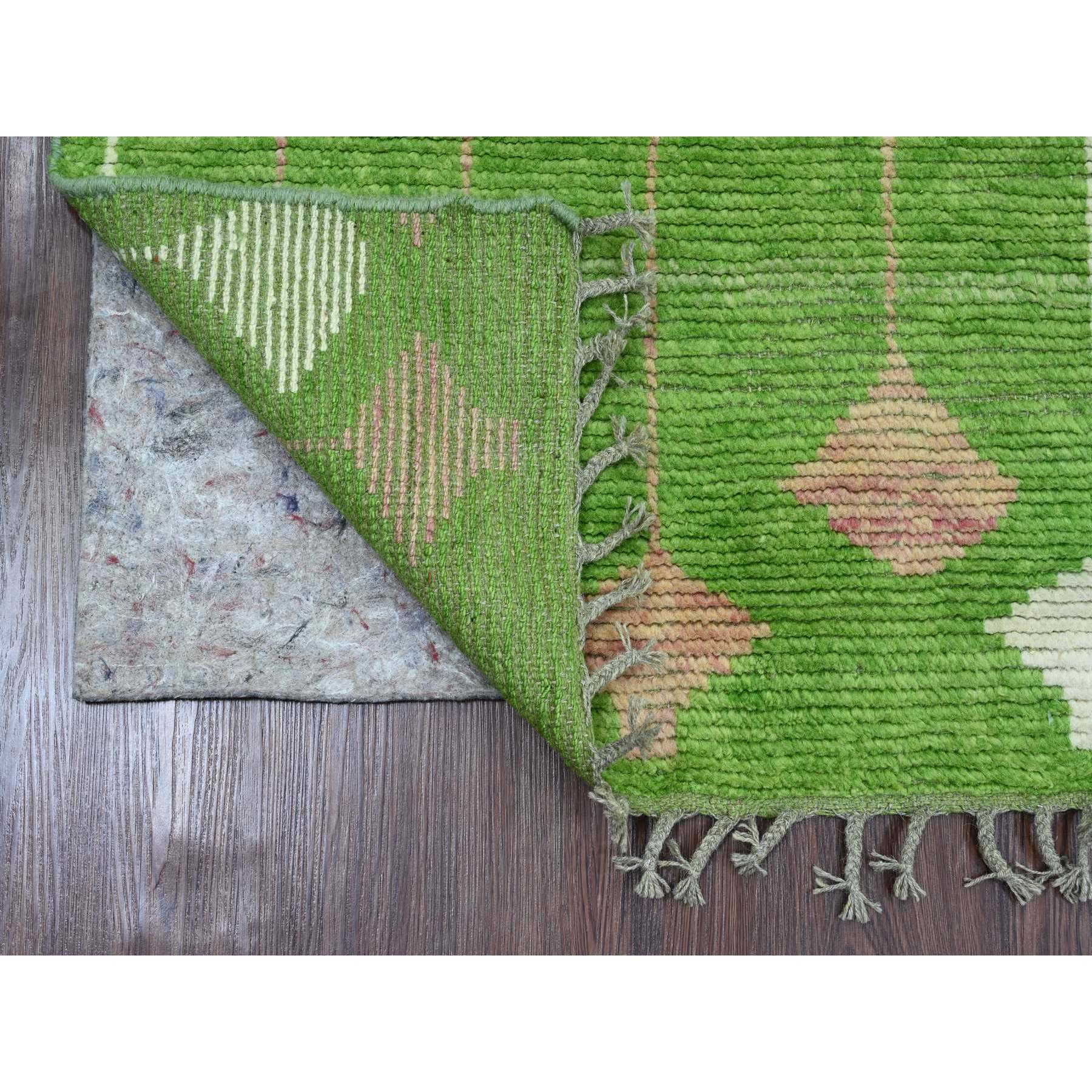 2'6"x9'1" Fern Green, Moroccan Weave with Flying Kite Design, Geometric Pattern, Hand Knotted, Soft Wool, Tone on Tone, Textured Pile, Runner, Oriental Rug Sh20747