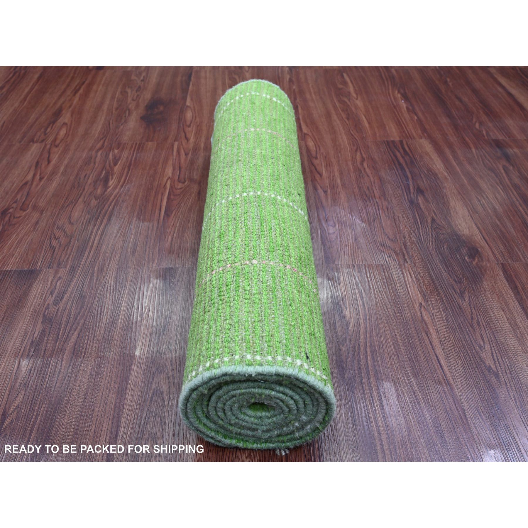 2'6"x9'1" Fern Green, Moroccan Weave with Flying Kite Design, Geometric Pattern, Hand Knotted, Soft Wool, Tone on Tone, Textured Pile, Runner, Oriental Rug Sh20747