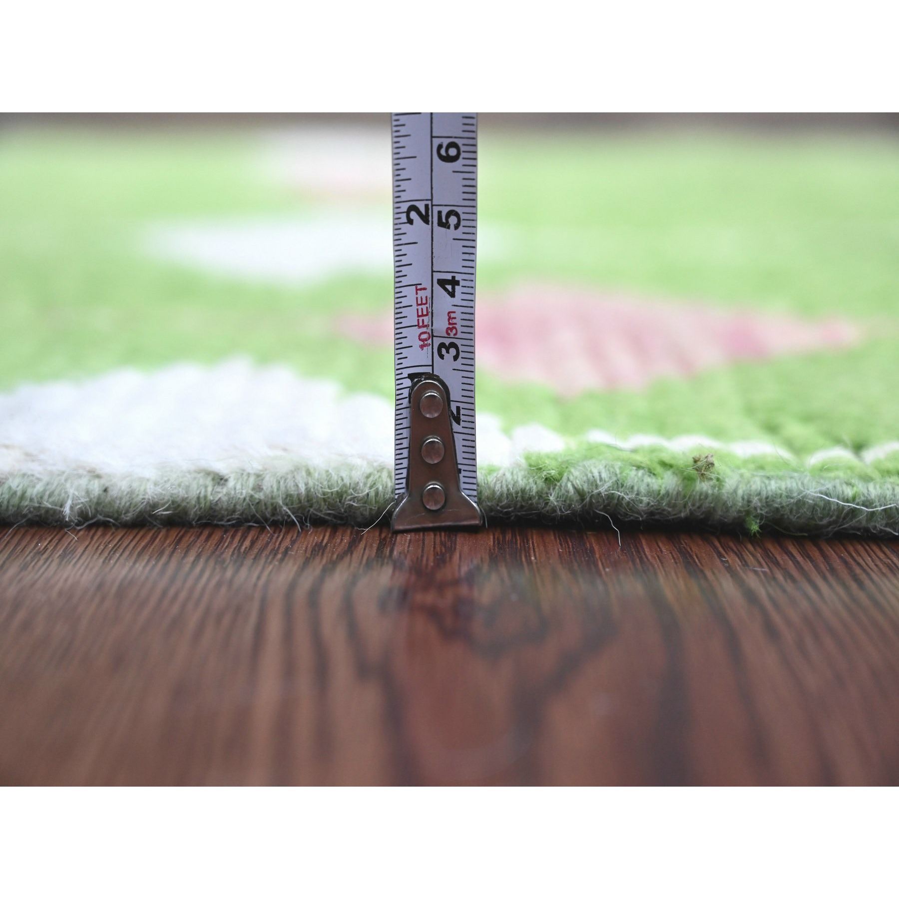 2'6"x9'1" Fern Green, Moroccan Weave with Flying Kite Design, Geometric Pattern, Hand Knotted, Soft Wool, Tone on Tone, Textured Pile, Runner, Oriental Rug Sh20747