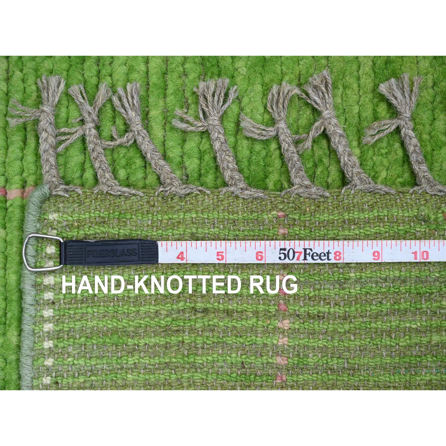 2'6"x9'1" Fern Green, Moroccan Weave with Flying Kite Design, Geometric Pattern, Hand Knotted, Soft Wool, Tone on Tone, Textured Pile, Runner, Oriental Rug Sh20747