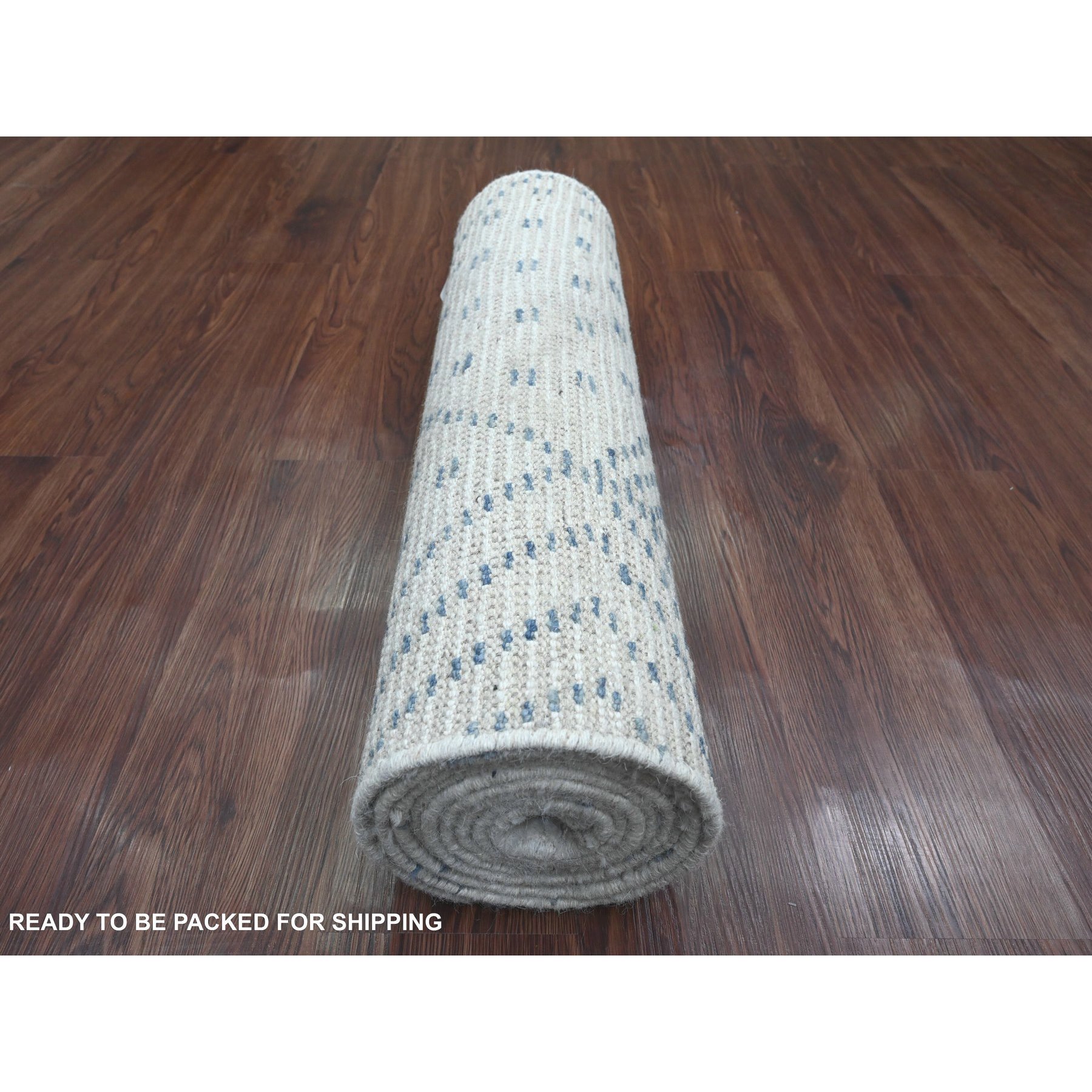 2'5"x10'6" Daisy White, Moroccan Weave with Geometric Pattern, Soft Wool, Hand Knotted, Tone on Tone, Textured Pile, Runner, Oriental Rug Sh20748