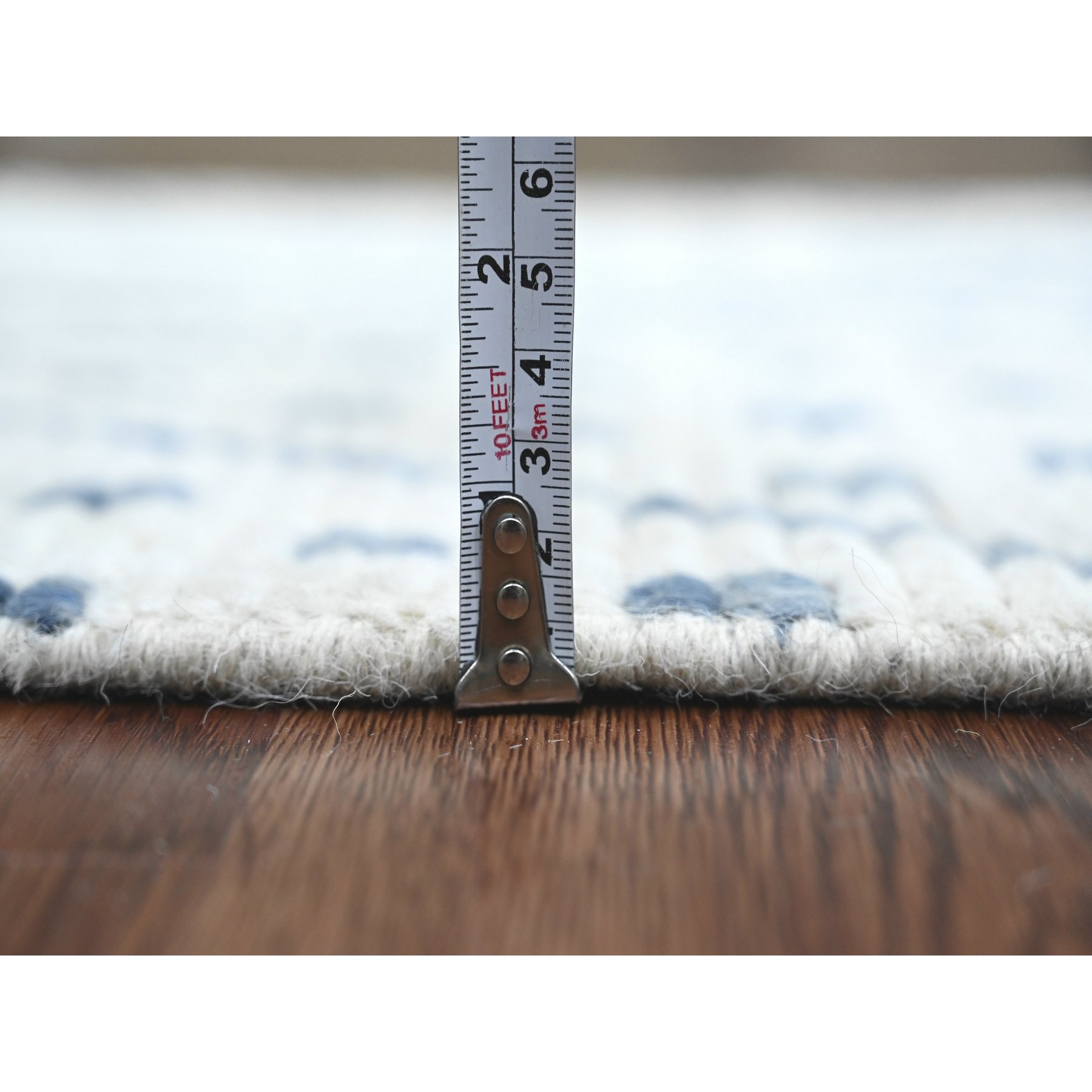 2'5"x10'6" Daisy White, Moroccan Weave with Geometric Pattern, Soft Wool, Hand Knotted, Tone on Tone, Textured Pile, Runner, Oriental Rug Sh20748