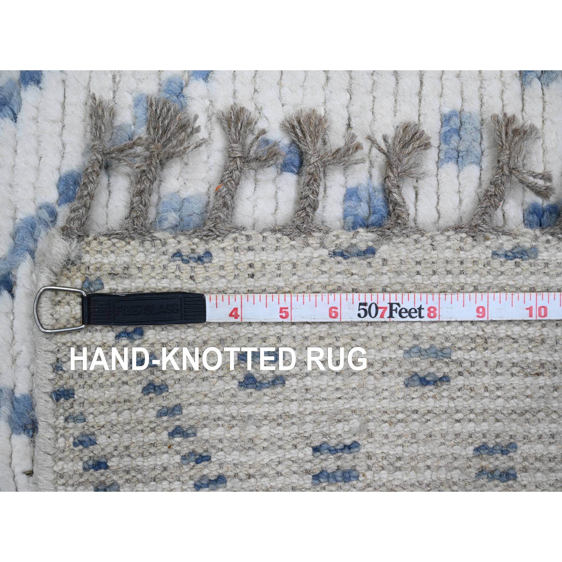 2'5"x10'6" Daisy White, Moroccan Weave with Geometric Pattern, Soft Wool, Hand Knotted, Tone on Tone, Textured Pile, Runner, Oriental Rug Sh20748