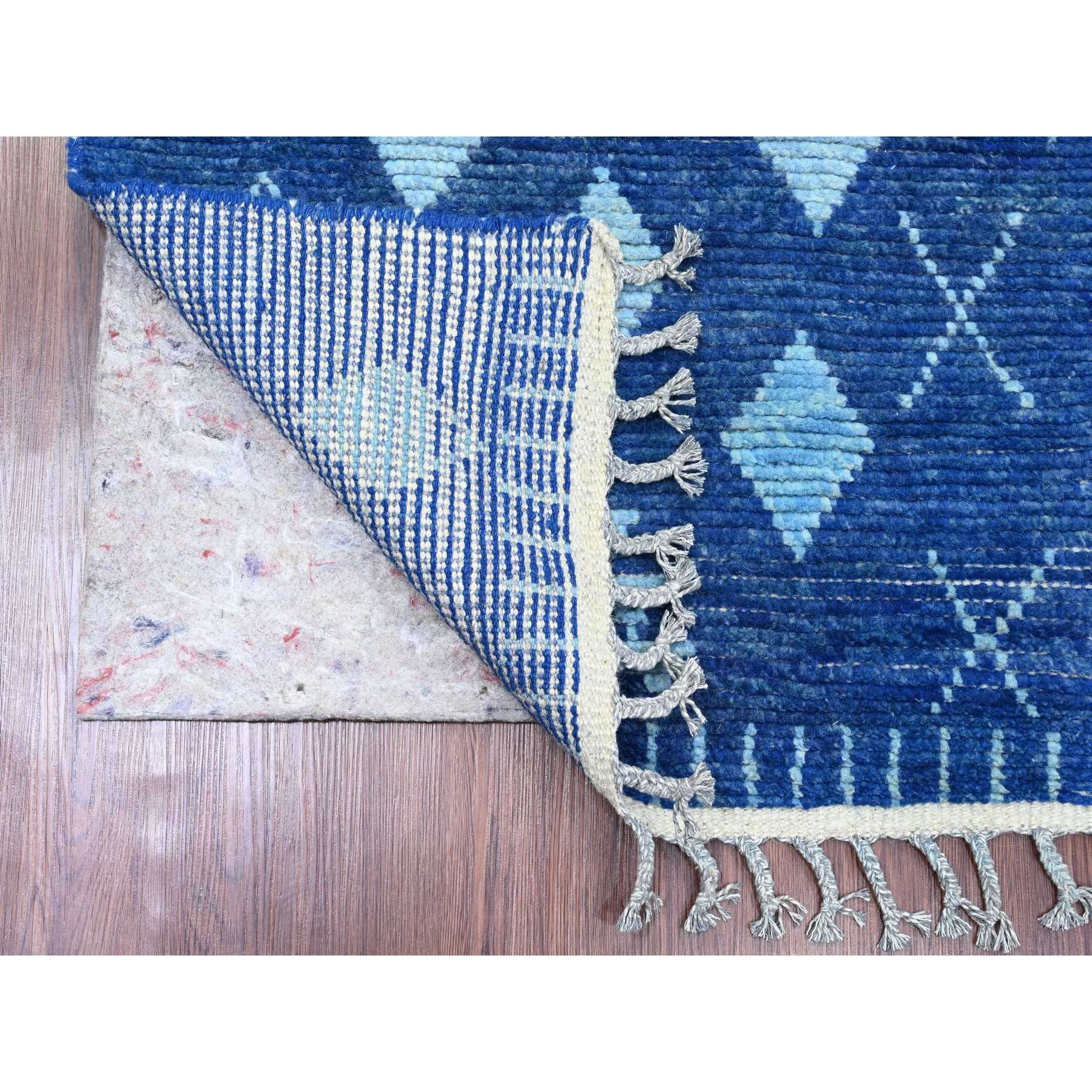 2'9"x10'7" Imperial Blue, Moroccan Weave with Geometric Pattern, Hand Knotted, Soft Wool, Tone on Tone, Textured Pile, Runner, Oriental Rug Sh20749
