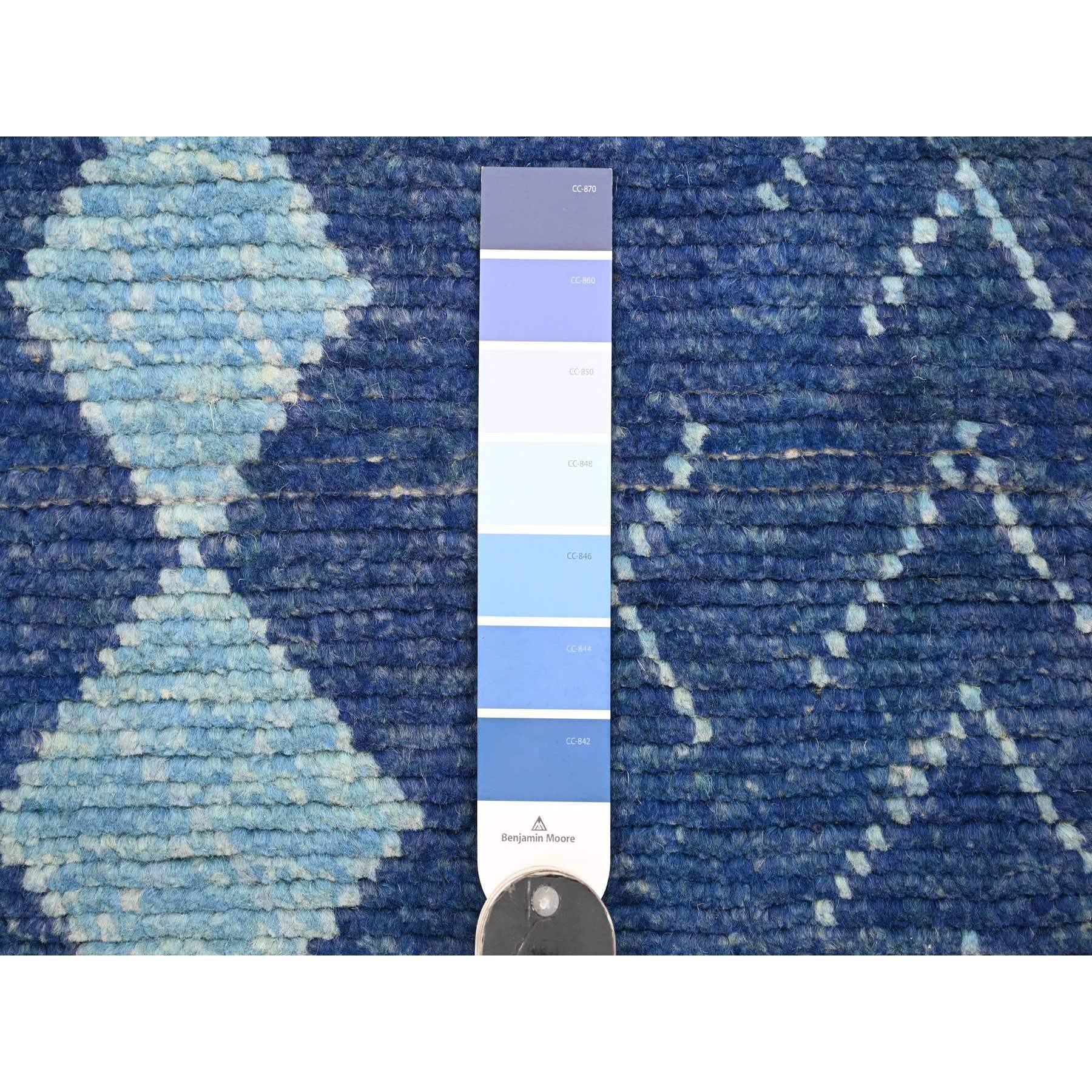 2'9"x10'7" Imperial Blue, Moroccan Weave with Geometric Pattern, Hand Knotted, Soft Wool, Tone on Tone, Textured Pile, Runner, Oriental Rug Sh20749