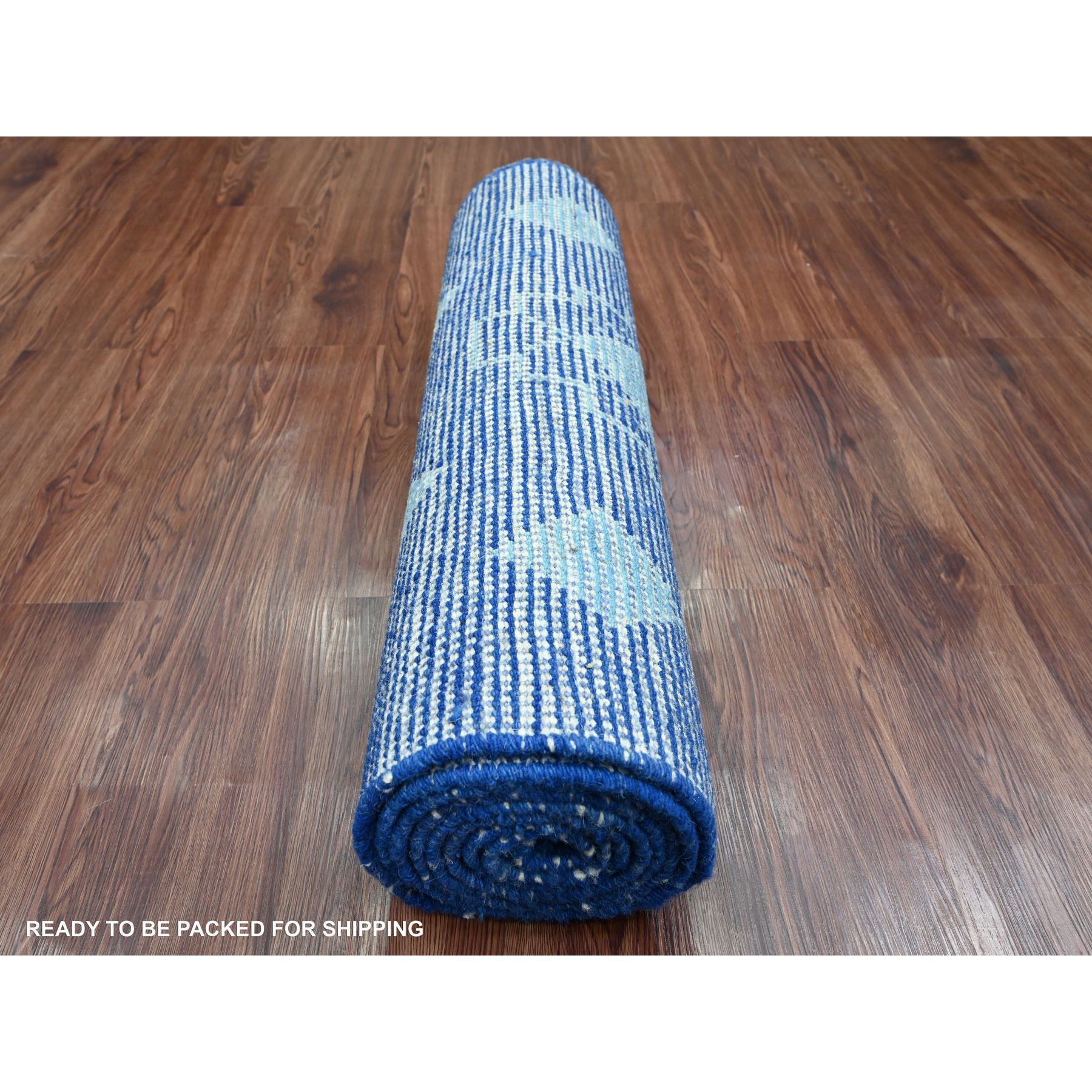 2'9"x10'7" Imperial Blue, Moroccan Weave with Geometric Pattern, Hand Knotted, Soft Wool, Tone on Tone, Textured Pile, Runner, Oriental Rug Sh20749