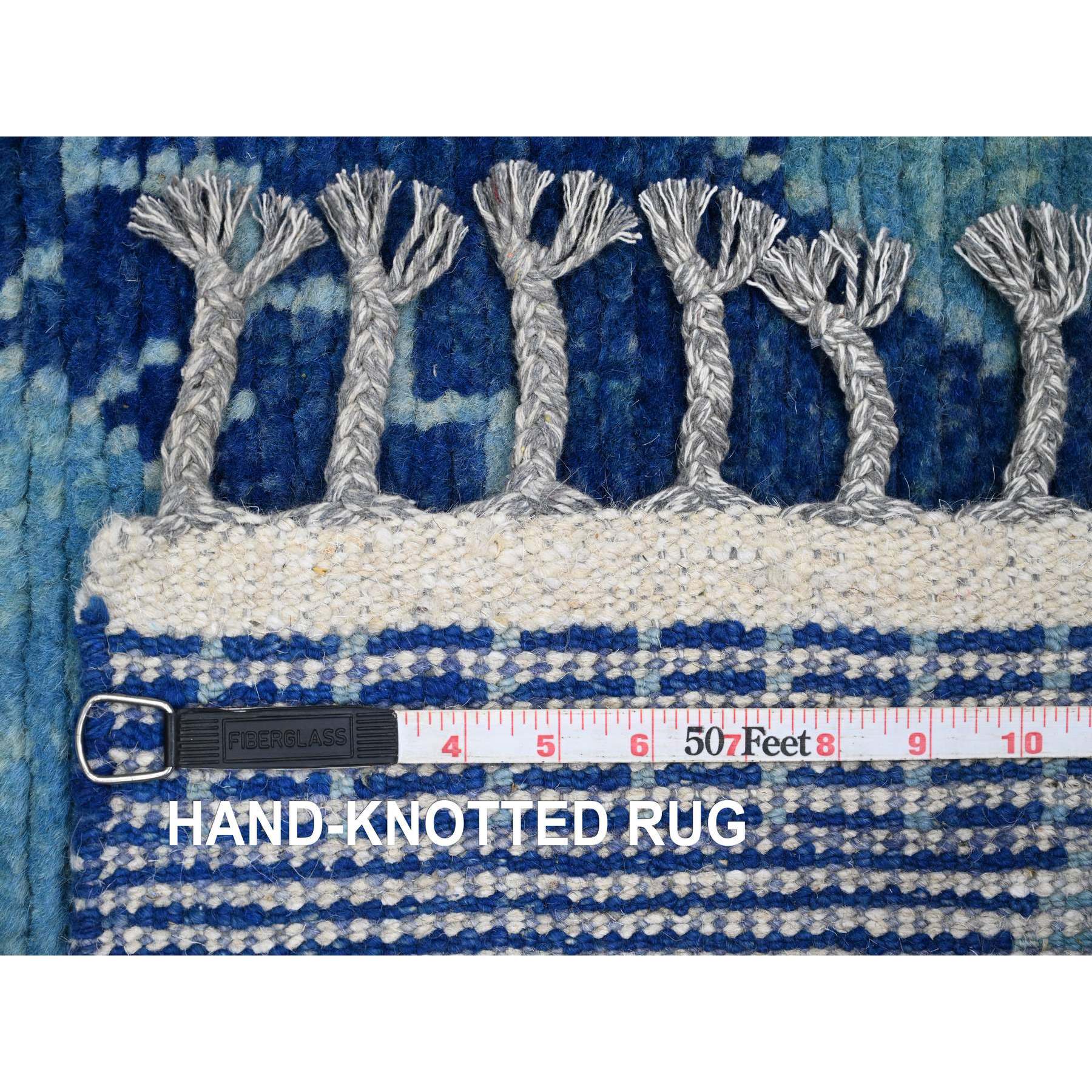 2'9"x10'7" Imperial Blue, Moroccan Weave with Geometric Pattern, Hand Knotted, Soft Wool, Tone on Tone, Textured Pile, Runner, Oriental Rug Sh20749
