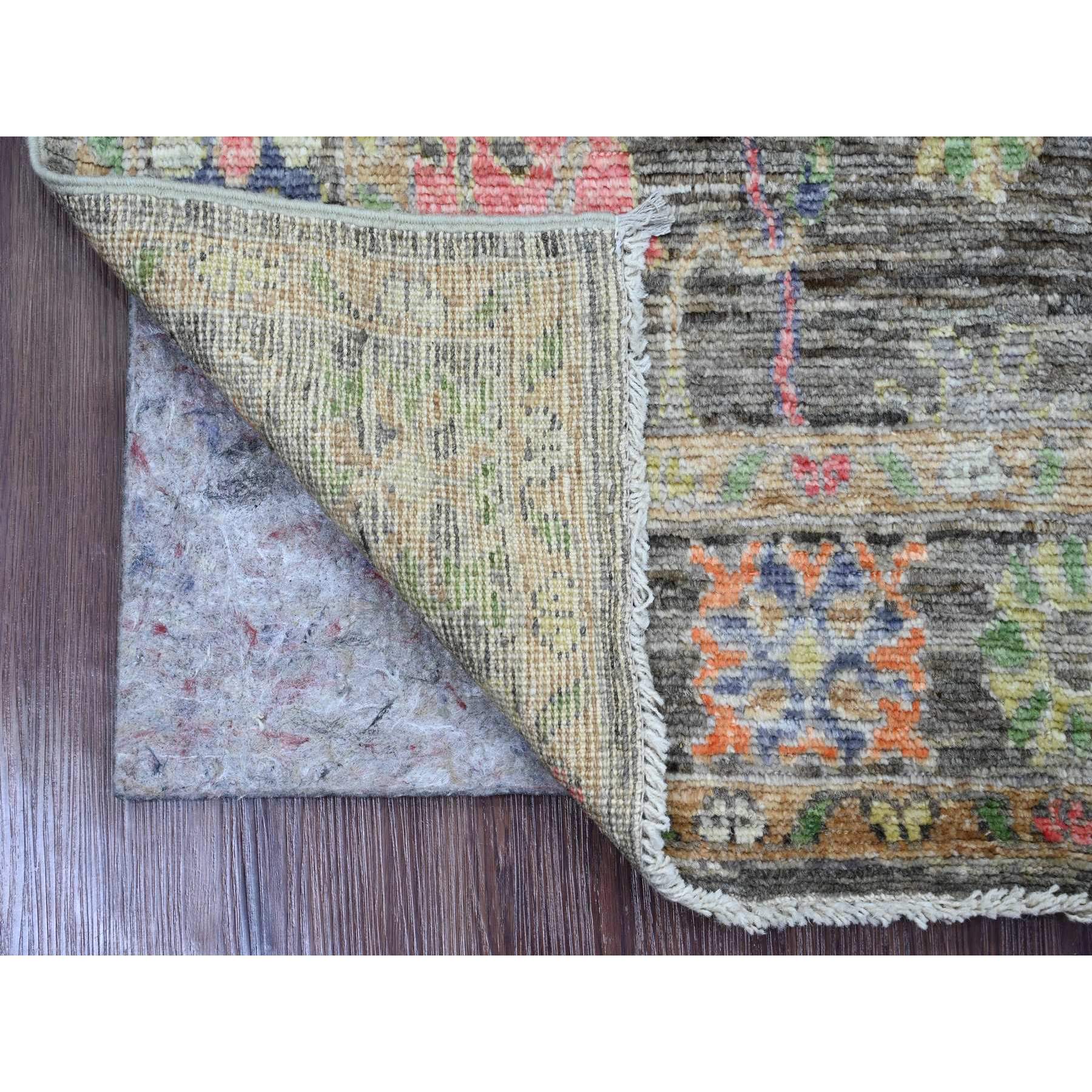 3'9"x6'4" Umber Brown, Hand Knotted, Afghan Angora Oushak with Colorful Leaf Design, Vegetable Dyes, 100% Wool, Oriental Rug Sh20754