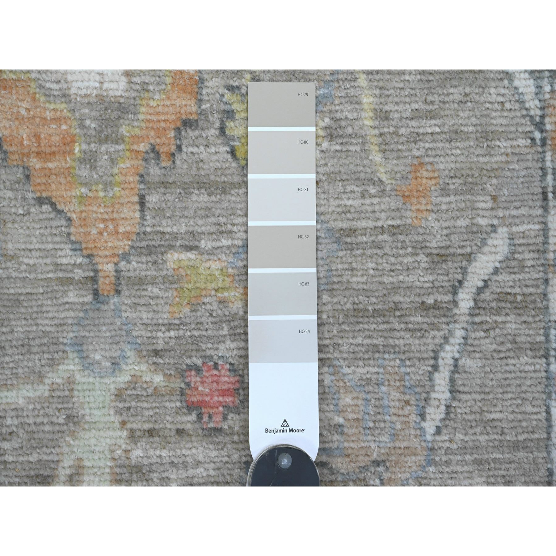 3'9"x12'1" Fossil Gray, Hand Knotted, Afghan Angora Oushak with Colorful Leaf Design, Vegetable Dyes, 100% Wool, Runner, Oriental Rug Sh20759