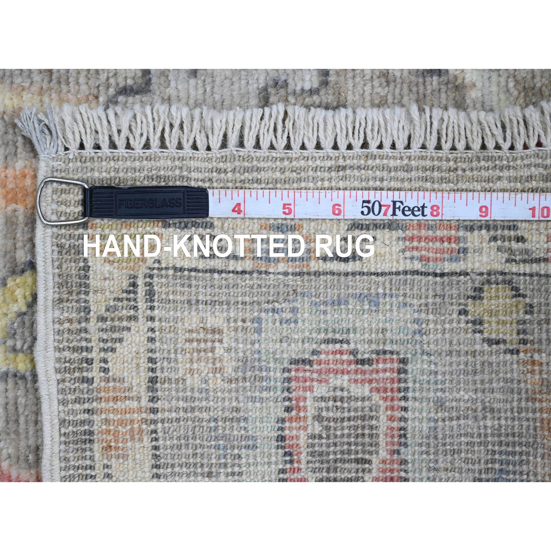 3'9"x12'1" Fossil Gray, Hand Knotted, Afghan Angora Oushak with Colorful Leaf Design, Vegetable Dyes, 100% Wool, Runner, Oriental Rug Sh20759