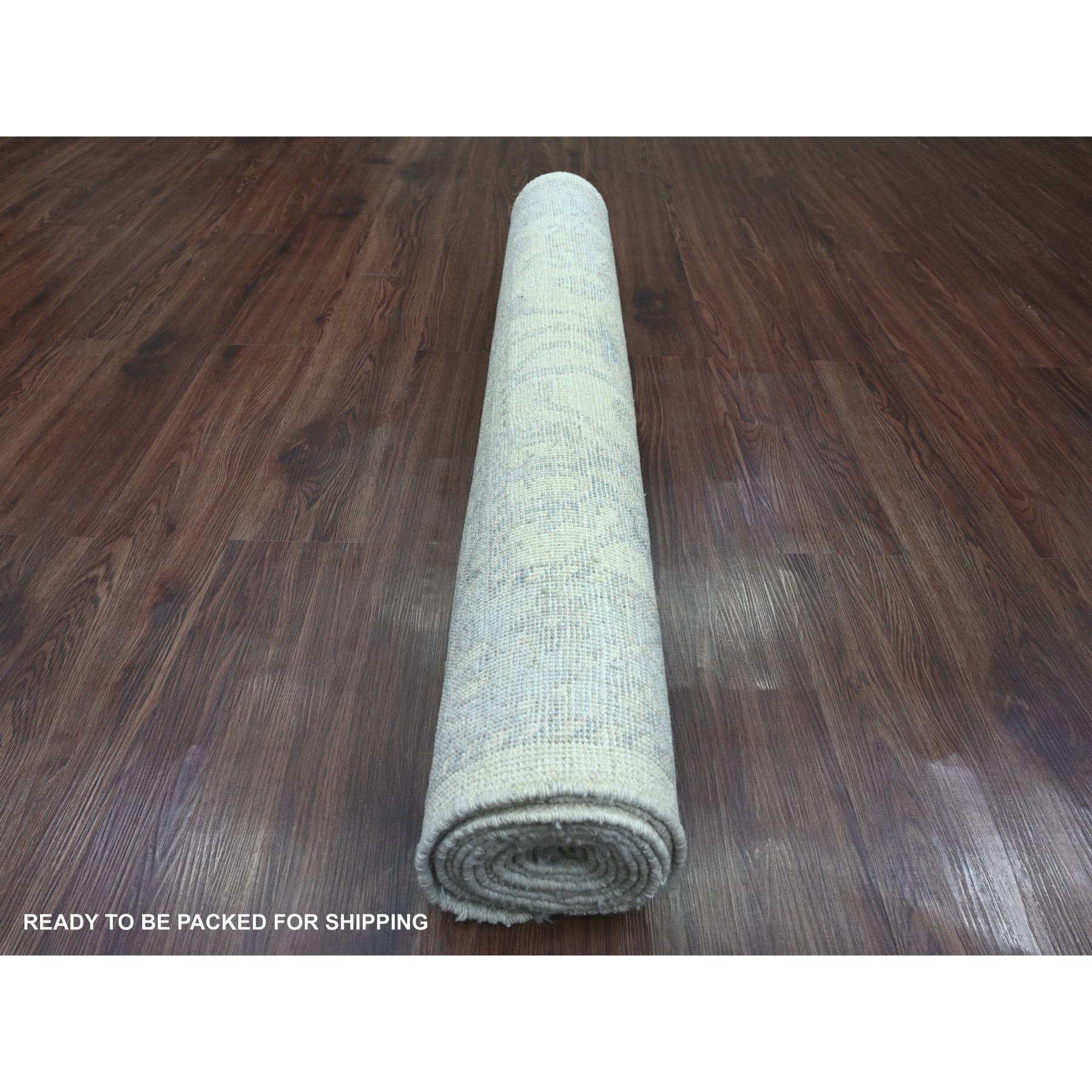 4'x12'2" Pearl White, Afghan Angora Oushak with All Over Vines Design, Hand Knotted, Vegetable Dyes, 100% Wool, Wide Runner, Oriental Rug Sh20764