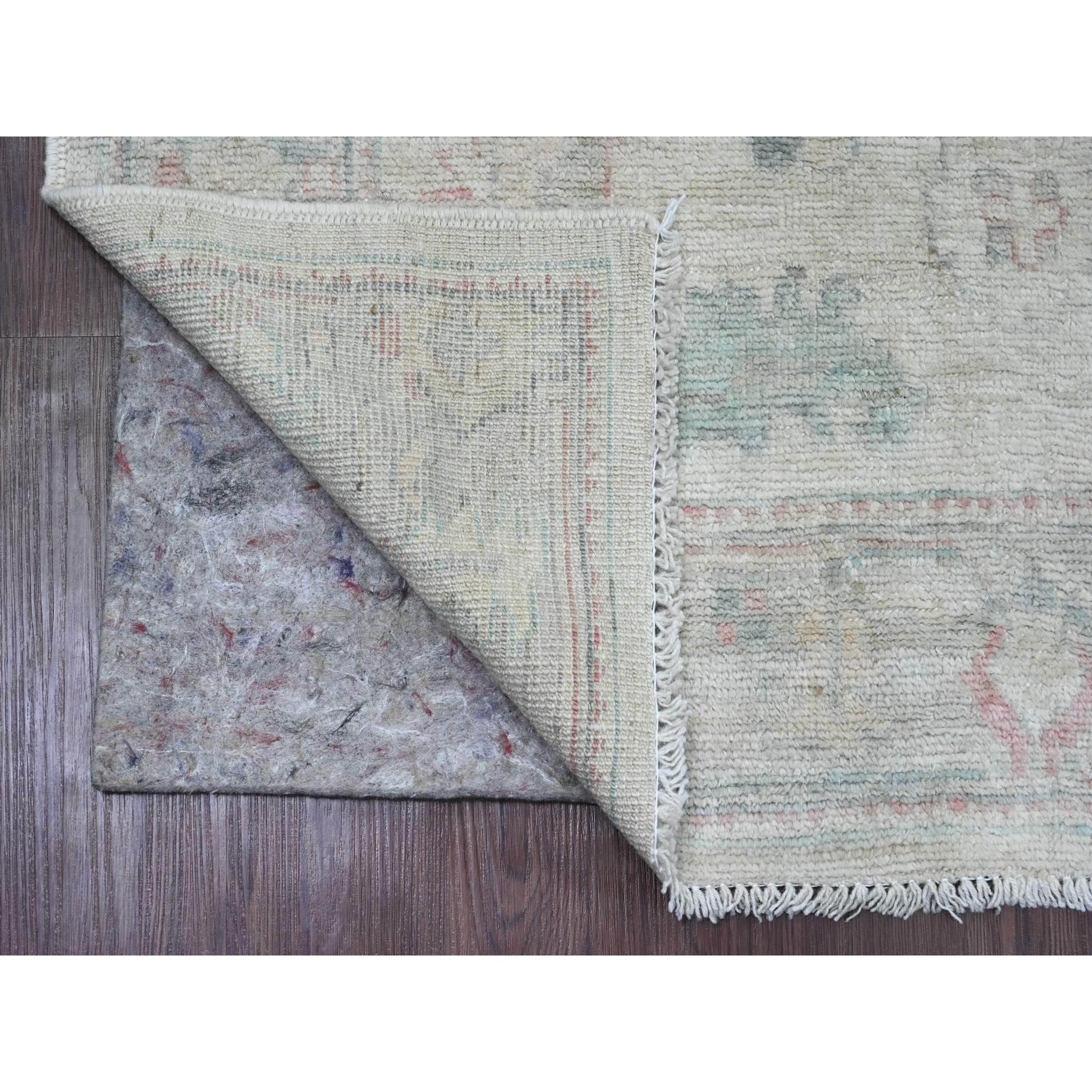 3'10"x10' Alabaster White, Hand Knotted, Afghan Angora Oushak with Colorful Leaf Design, Vegetable Dyes, 100% Wool, Runner, Oriental Rug Sh20767
