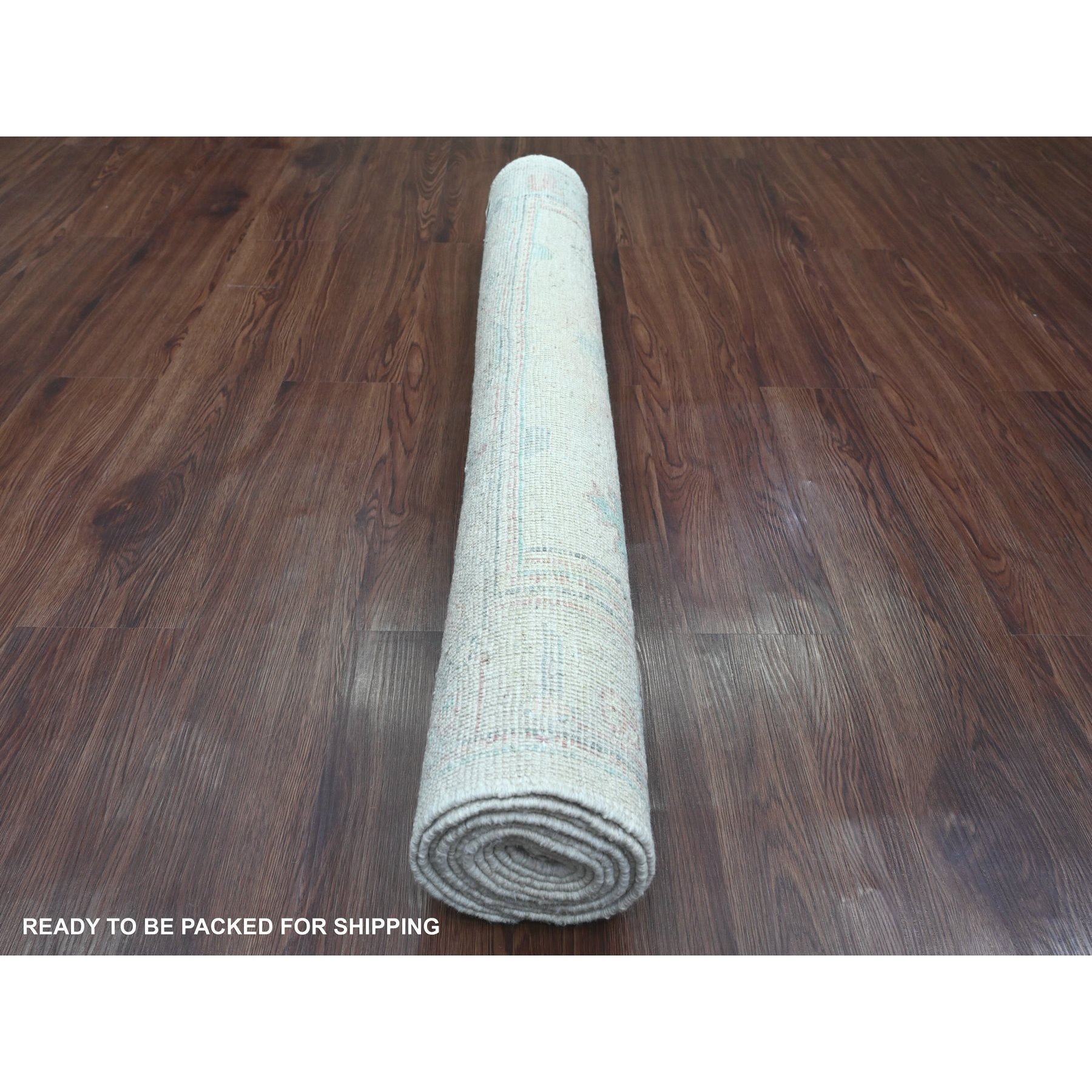 3'10"x10' Alabaster White, Hand Knotted, Afghan Angora Oushak with Colorful Leaf Design, Vegetable Dyes, 100% Wool, Runner, Oriental Rug Sh20767