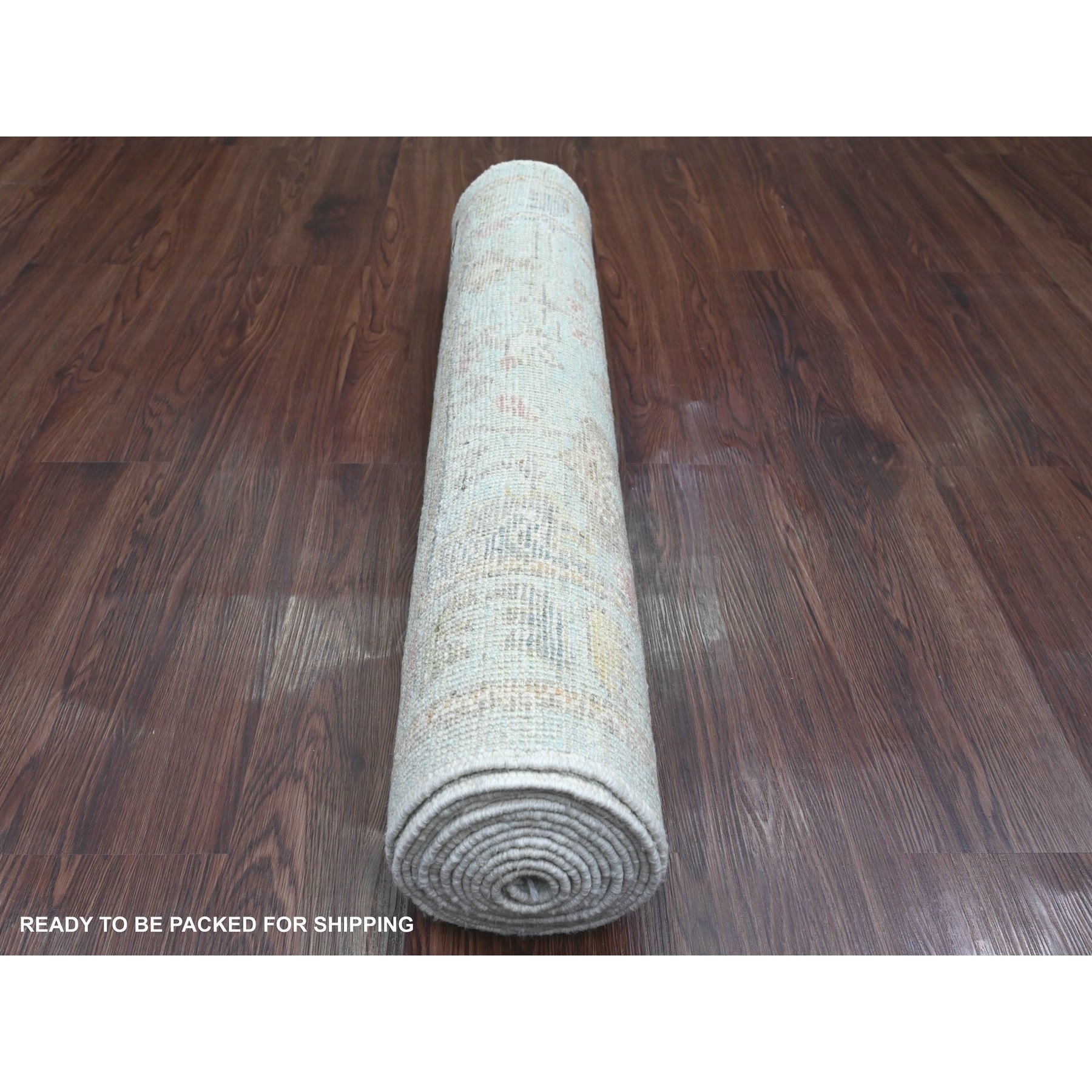 3'x12'2" Beau Blue, Hand Knotted, Afghan Angora Oushak with All Over Leaf Design, Veggie Dyes, Pure Wool, Runner, Oriental Rug Sh20785