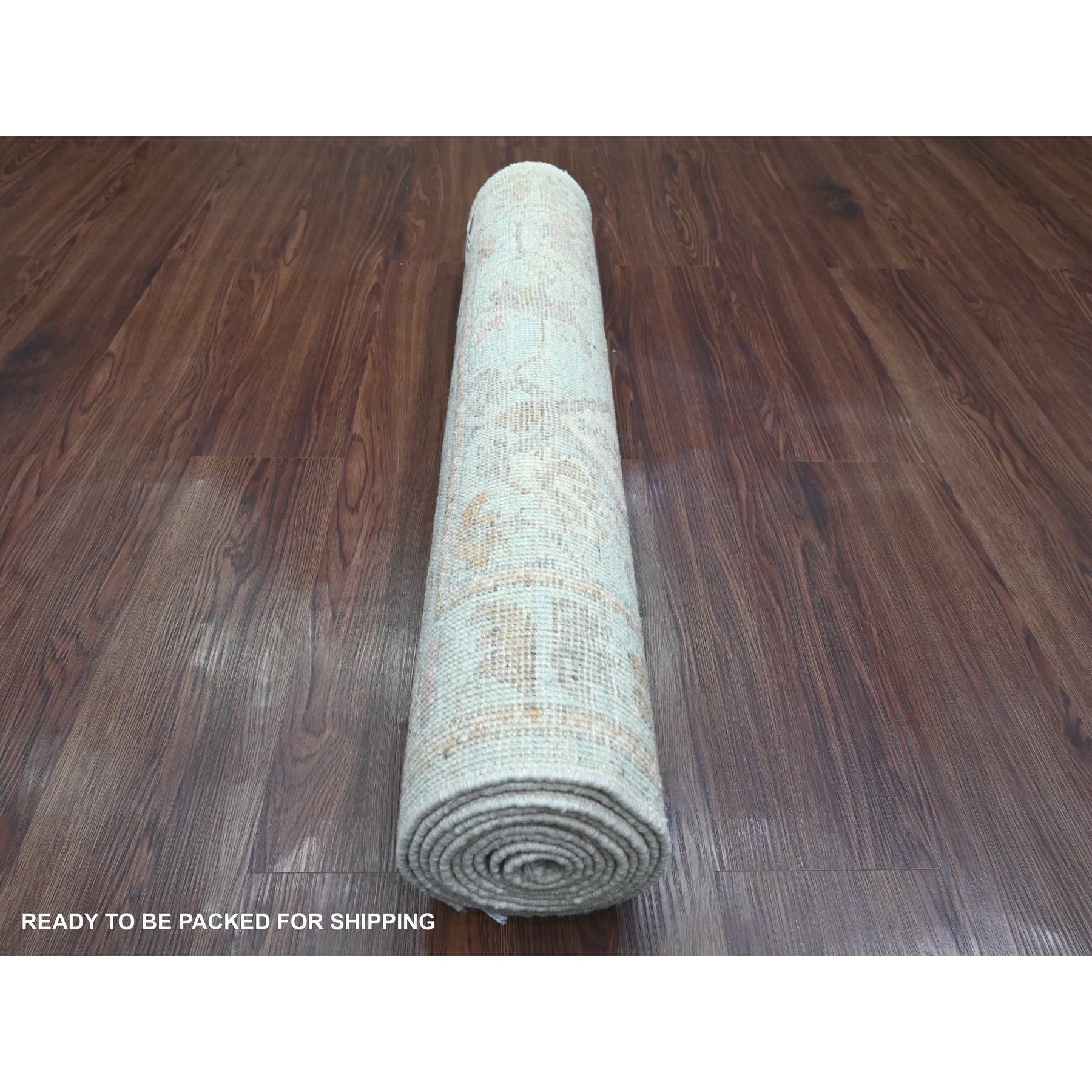 3'x9'6" Cerulean Blue, Hand Knotted, Afghan Angora Oushak with All Over Leaf Design, Vegetable Dyes, Pure Wool, Runner, Oriental Rug Sh20792