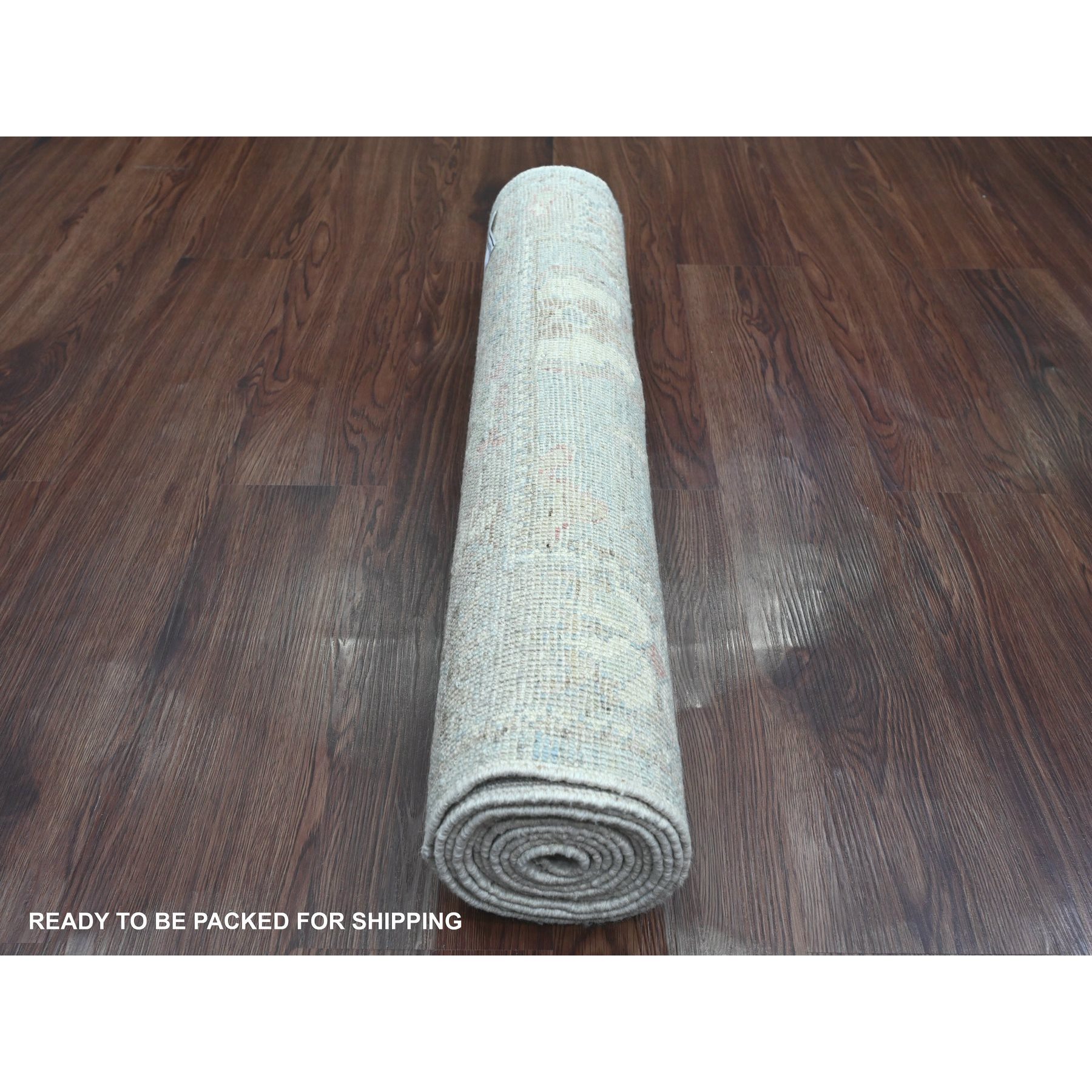 2'9"x10'2" Beau Blue, Afghan Angora Oushak with All Over Leaf Design, Hand Knotted, Vegetable Dyes, 100% Wool, Runner, Oriental Rug Sh20812