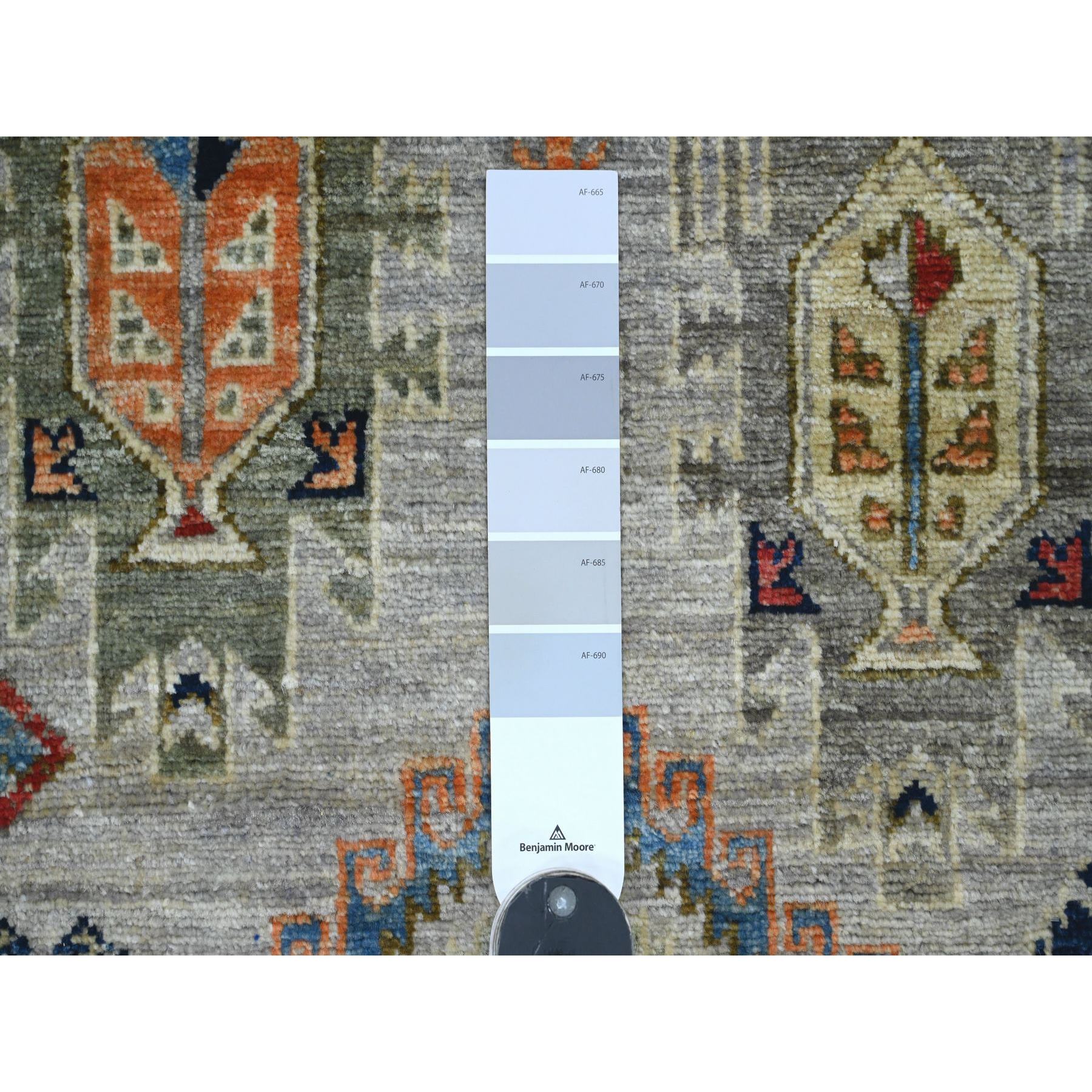 2'5"x12' Cloud Gray, Aryana Collection, All Over Caucasian Gul Motifs, Vegetable Dyes, High Mountain Wool, Hand Knotted, Runner, Oriental Rug Sh20816