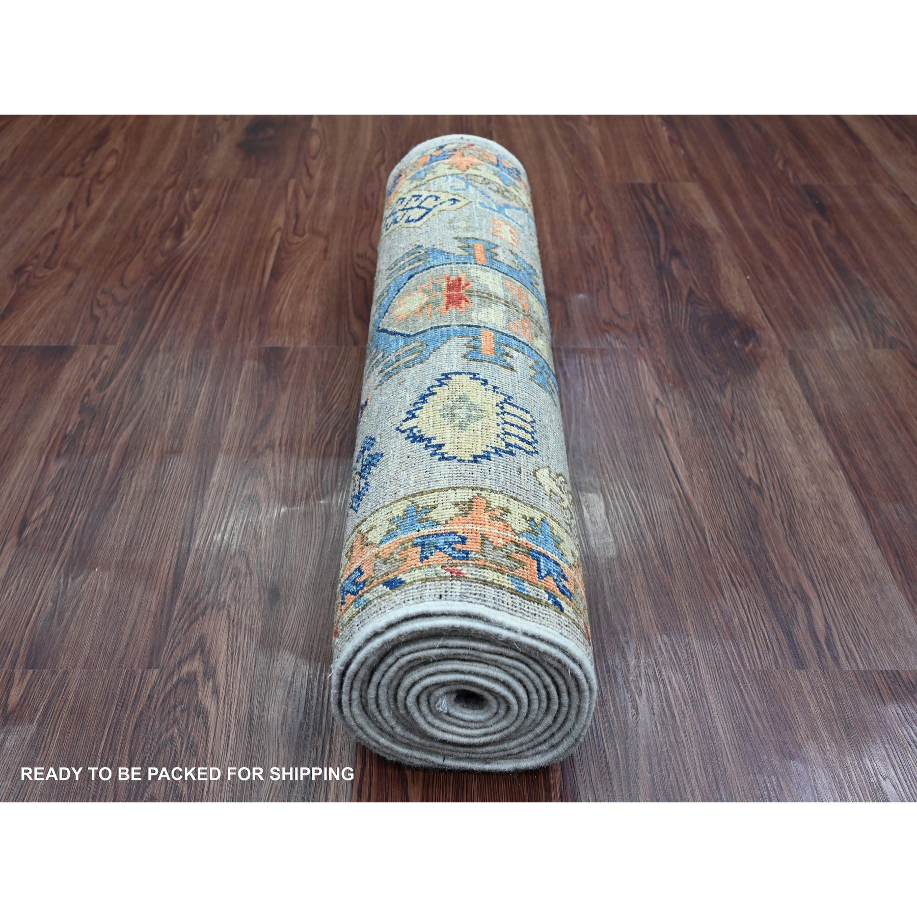 2'5"x12' Cloud Gray, Aryana Collection, All Over Caucasian Gul Motifs, Vegetable Dyes, High Mountain Wool, Hand Knotted, Runner, Oriental Rug Sh20816