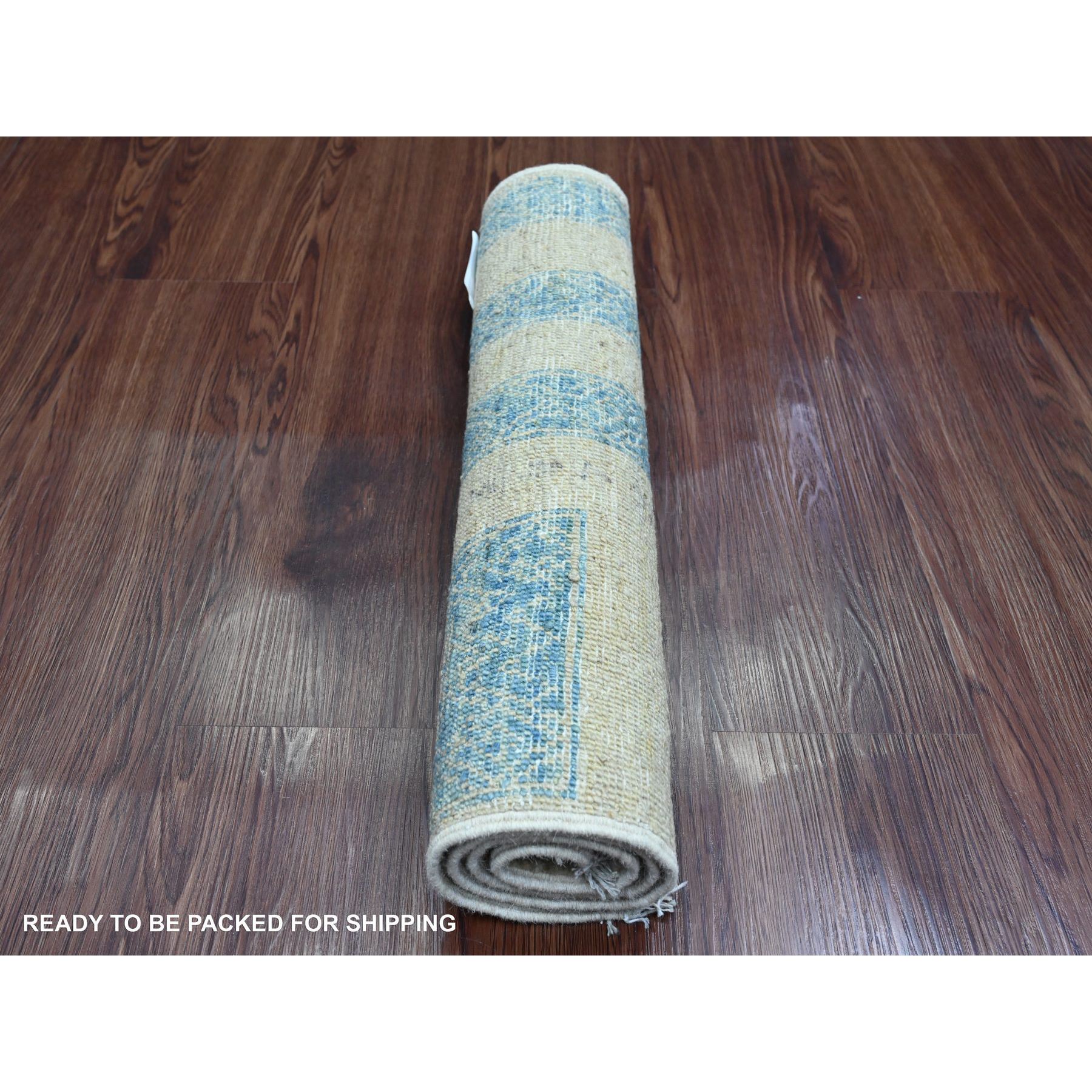 2'x3'1" Imperial Blue with Ivory, Moroccan Berber Influence with Geometric Pattern, High Mountain Wool, Denser Weave, Hand Knotted, Sample, Mat, Oriental Rug Sh20822