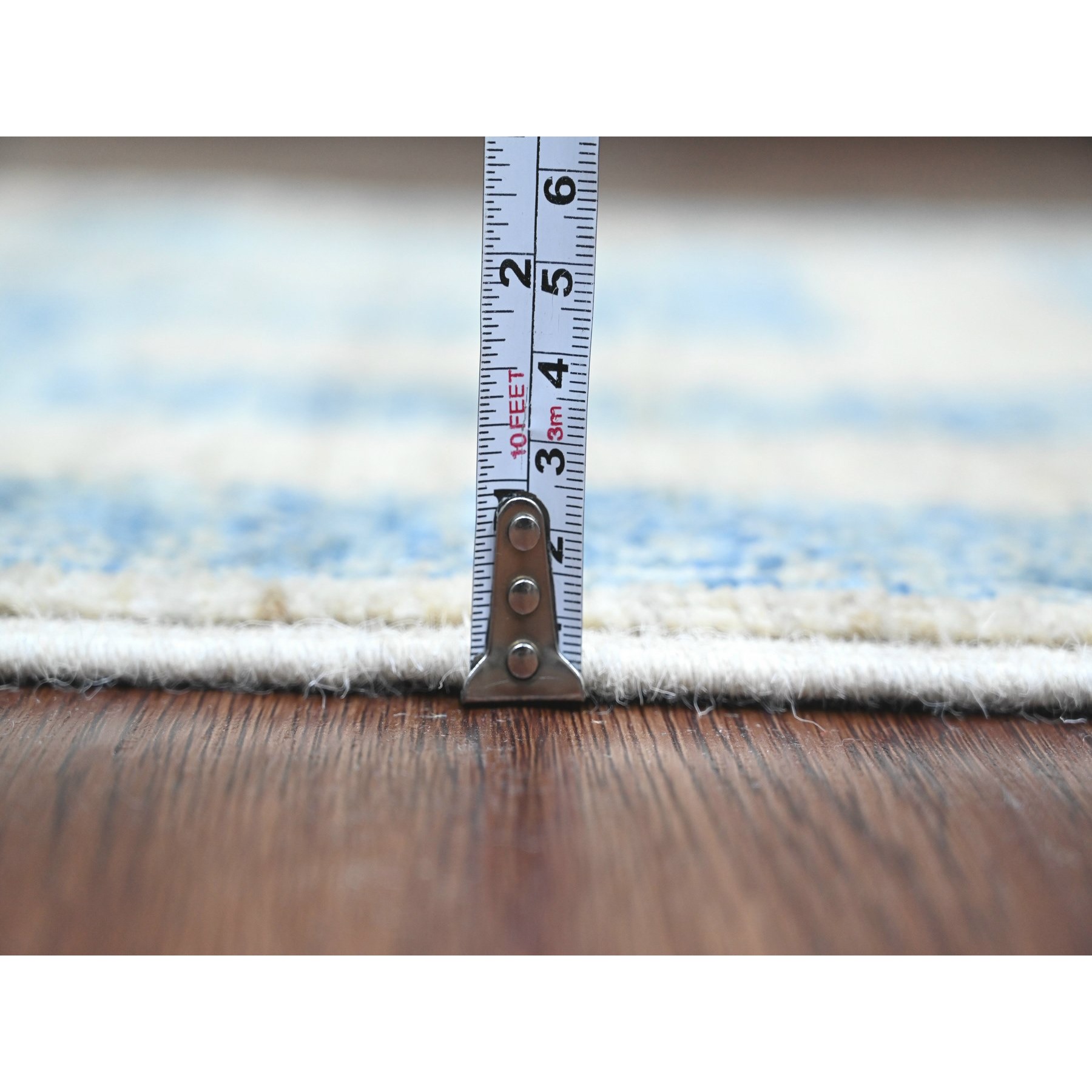 2'x3'1" Imperial Blue with Ivory, Moroccan Berber Influence with Geometric Pattern, High Mountain Wool, Denser Weave, Hand Knotted, Sample, Mat, Oriental Rug Sh20822