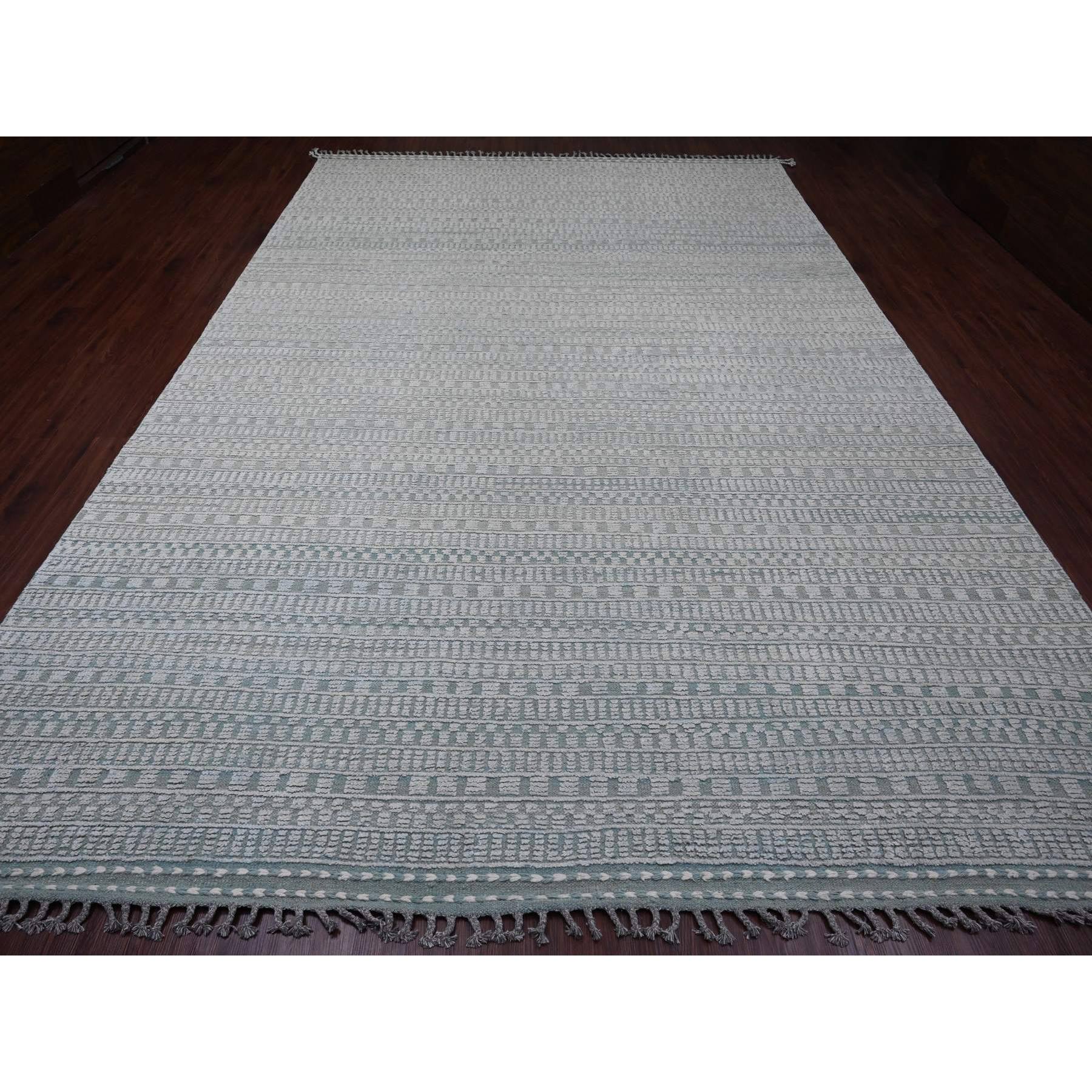 9'7"x14'3" Light Green, Moroccan Weave with Geometric Pattern, Hand Knotted, Soft Wool, Tone on Tone, Textured Pile, Oriental Rug Sh20830
