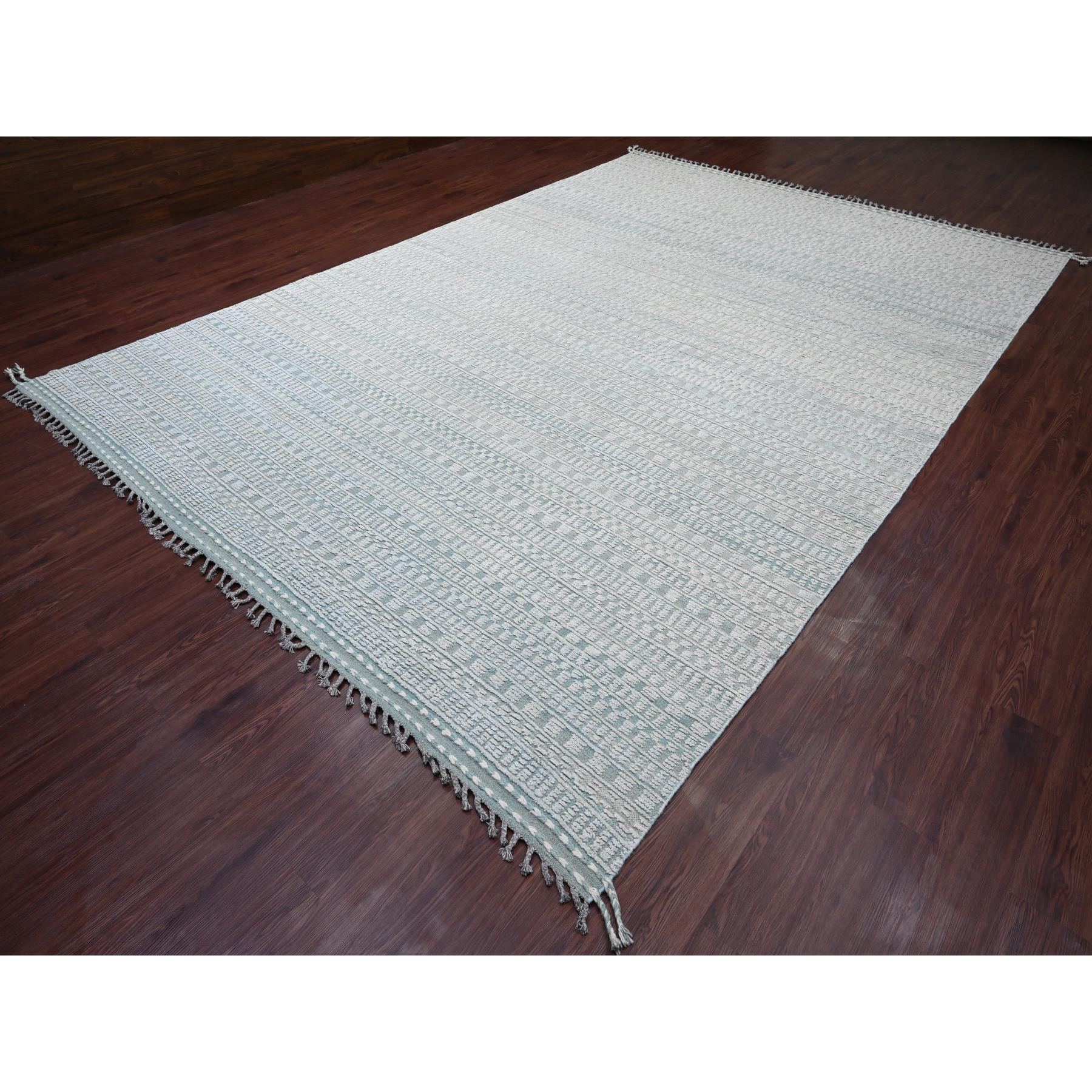 9'7"x14'3" Light Green, Moroccan Weave with Geometric Pattern, Hand Knotted, Soft Wool, Tone on Tone, Textured Pile, Oriental Rug Sh20830