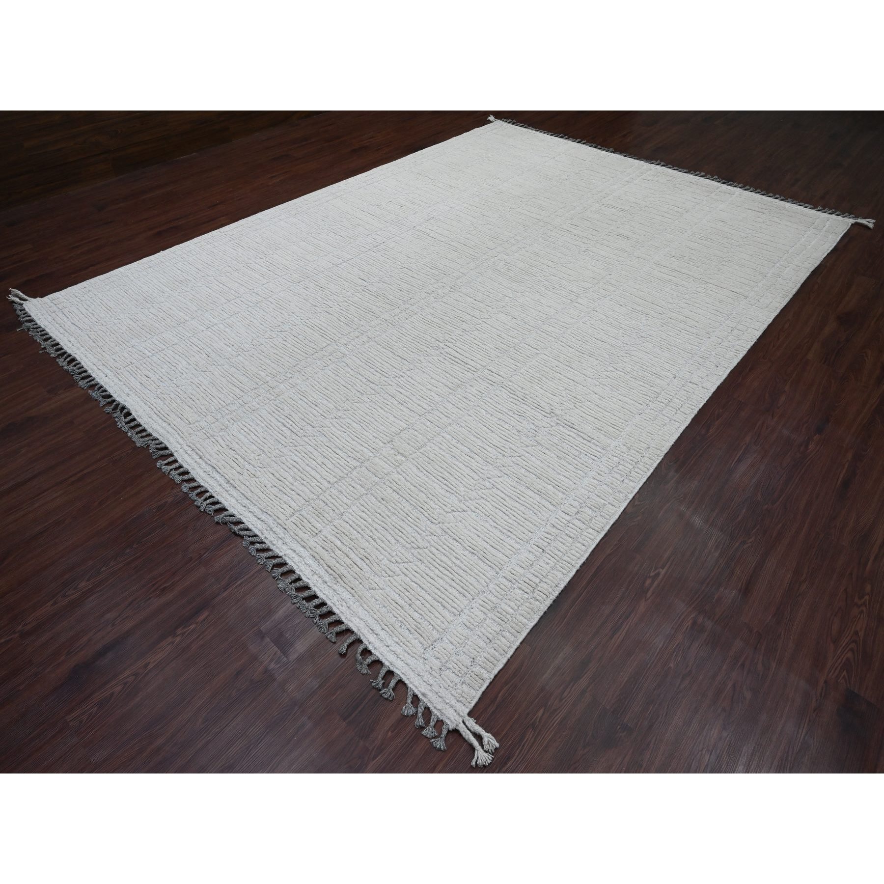 8'10"x12'2" Cotton White, Moroccan Weave with Line Design, Hand Knotted, Soft Wool, Tone on Tone, Textured Pile, Oriental Rug Sh20831