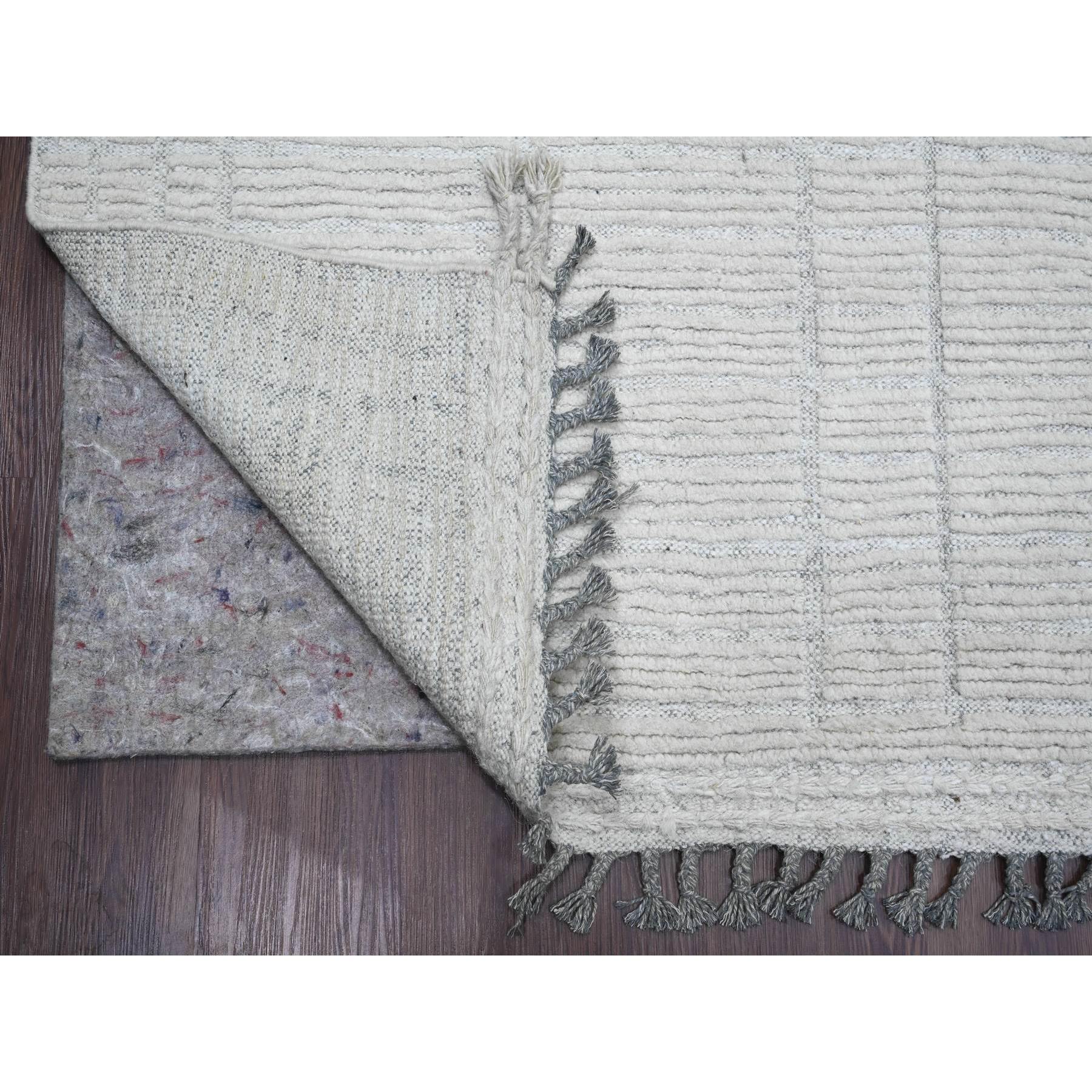 8'10"x12'2" Cotton White, Moroccan Weave with Line Design, Hand Knotted, Soft Wool, Tone on Tone, Textured Pile, Oriental Rug Sh20831